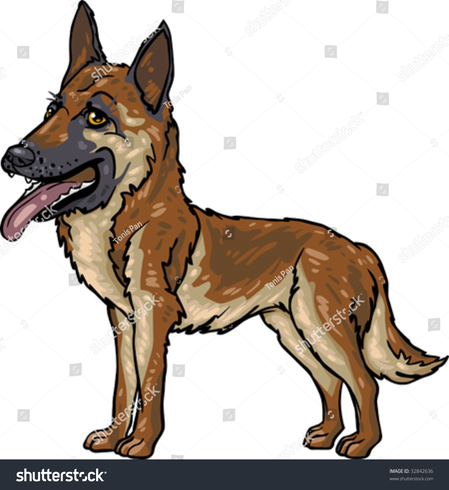 Vector, Clip Art, Caricature Illustration Of German Shepherd Dog. Hand