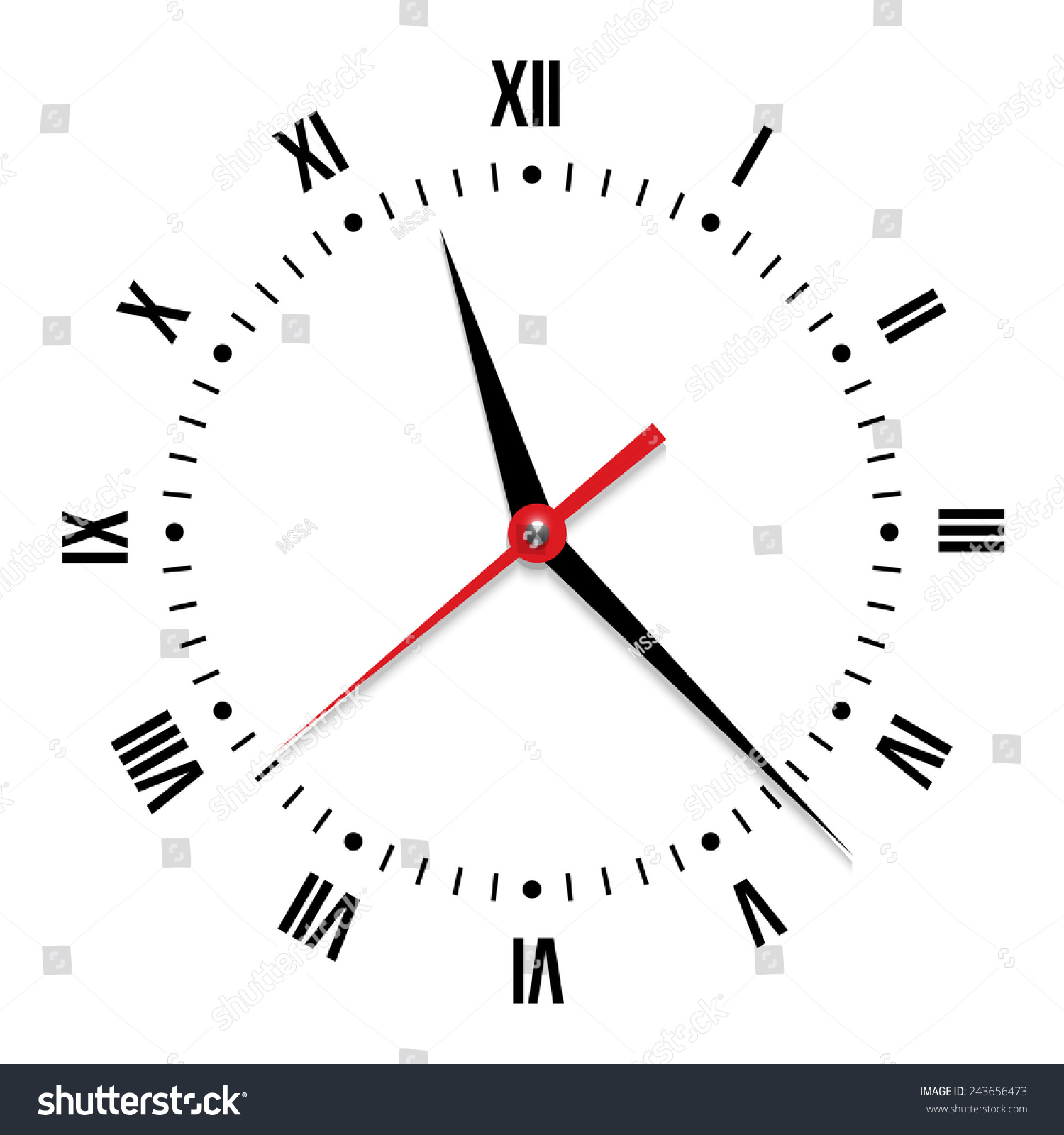 Vector Clock On White Background. Close-Up Of Clock Face With A Red