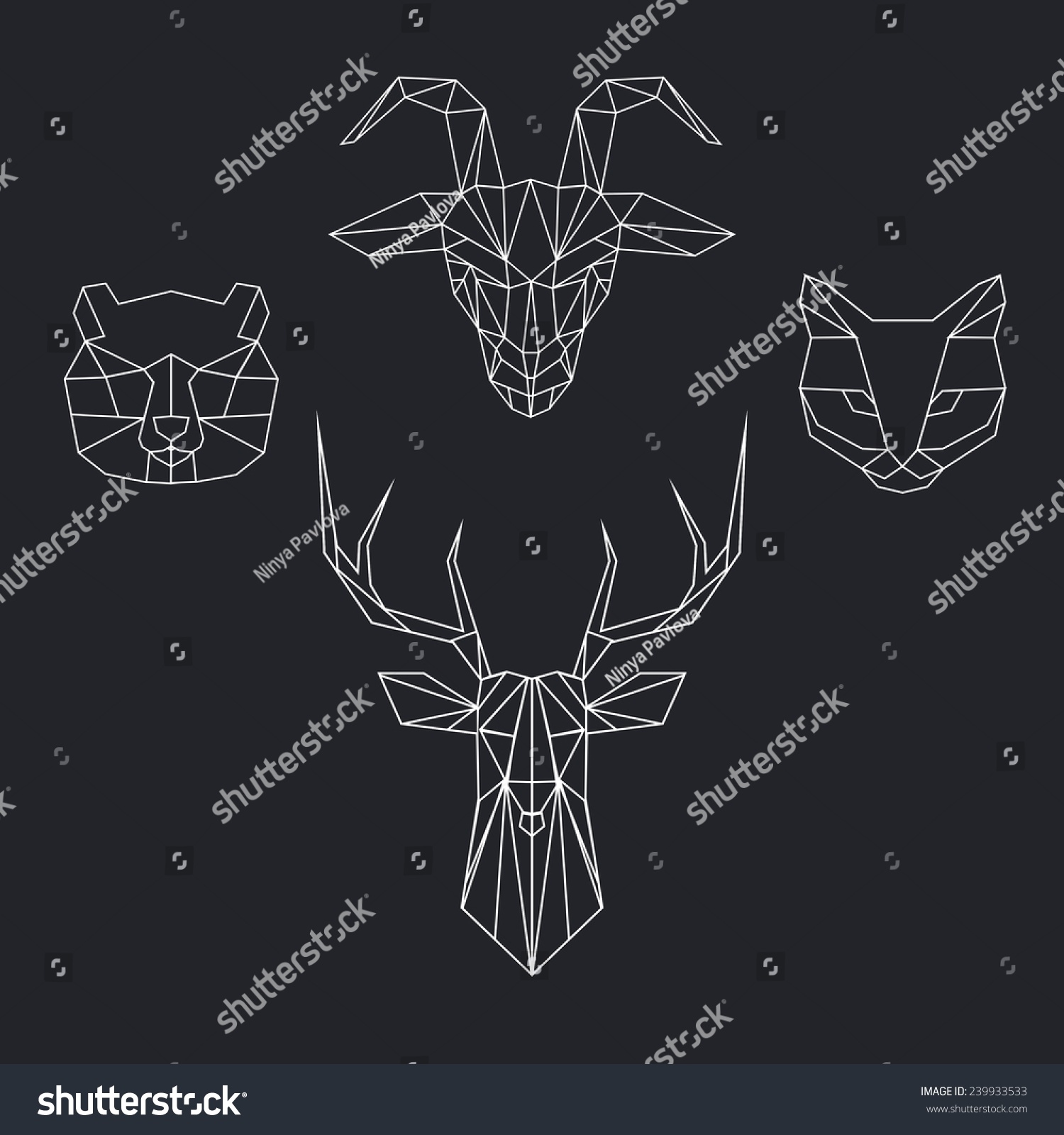 Vector Color Set With Geometric Polygon Animal Of Triangles. Deer, Bear