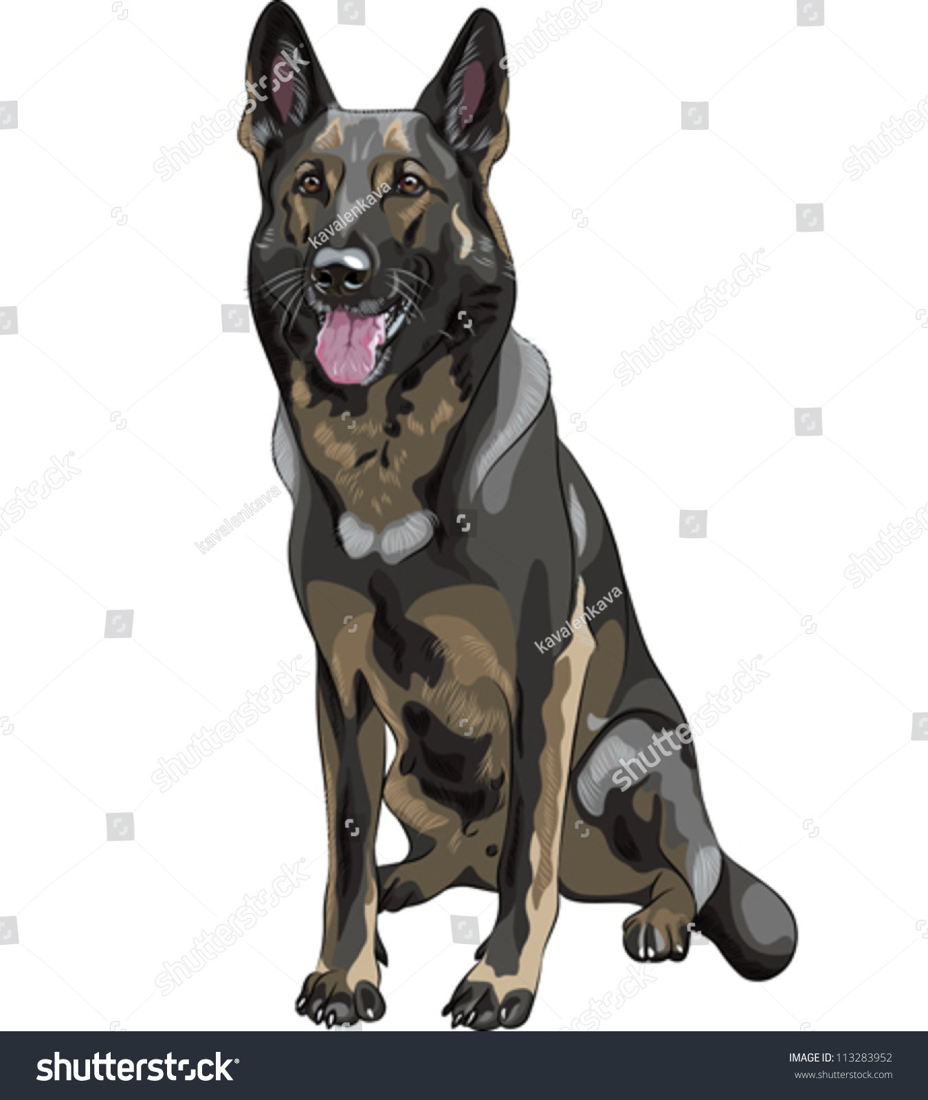 Vector Color Sketch Black Dog German Shepherd Breed Sitting And Smile