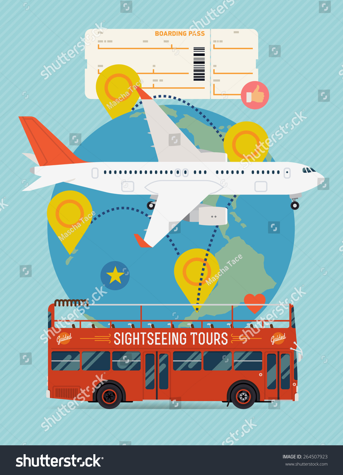 Vector cool flat design web banner on airline tickets and travel with jet airliner flying sightseeing bus boarding pass ticket and globe with clouds route marks and location pins Vector cool flat design web banner on airline tickets and travel with jet airliner flying sightseeing bus boarding pass ticket and globe with clouds route marks and location pins
