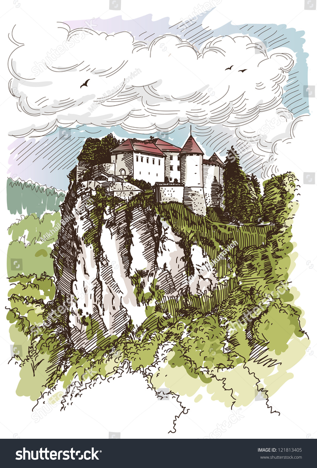 Vector Drawing Bled Castle Slovenia Stock Vector 121813405 Shutterstock