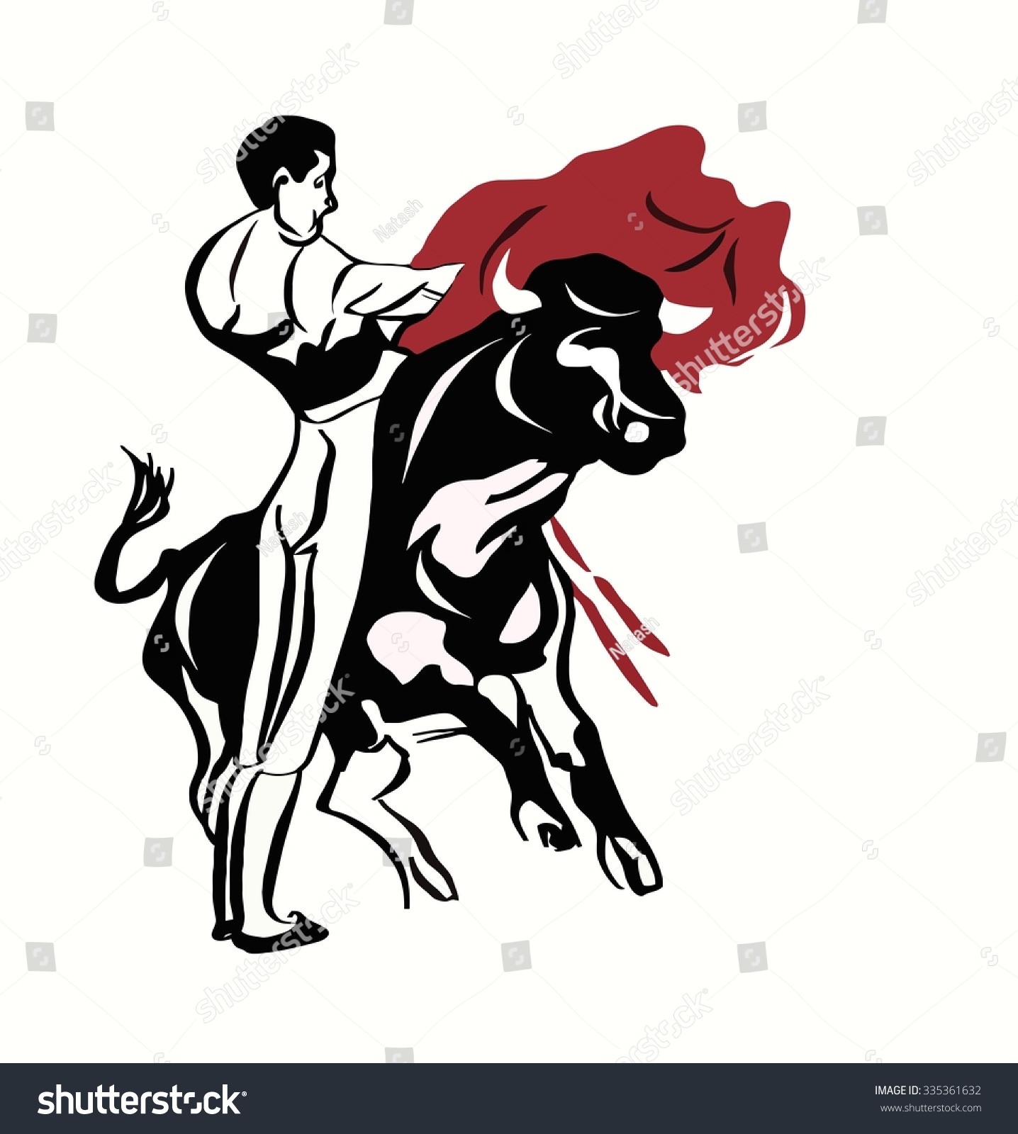 Vector Drawing Of Bullfighter Against The Huge Bull. 335361632