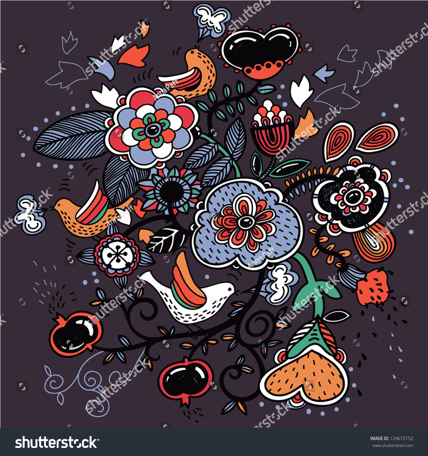 Vector Floral Illustration With Colorful Fantasy Plants And Birds On A