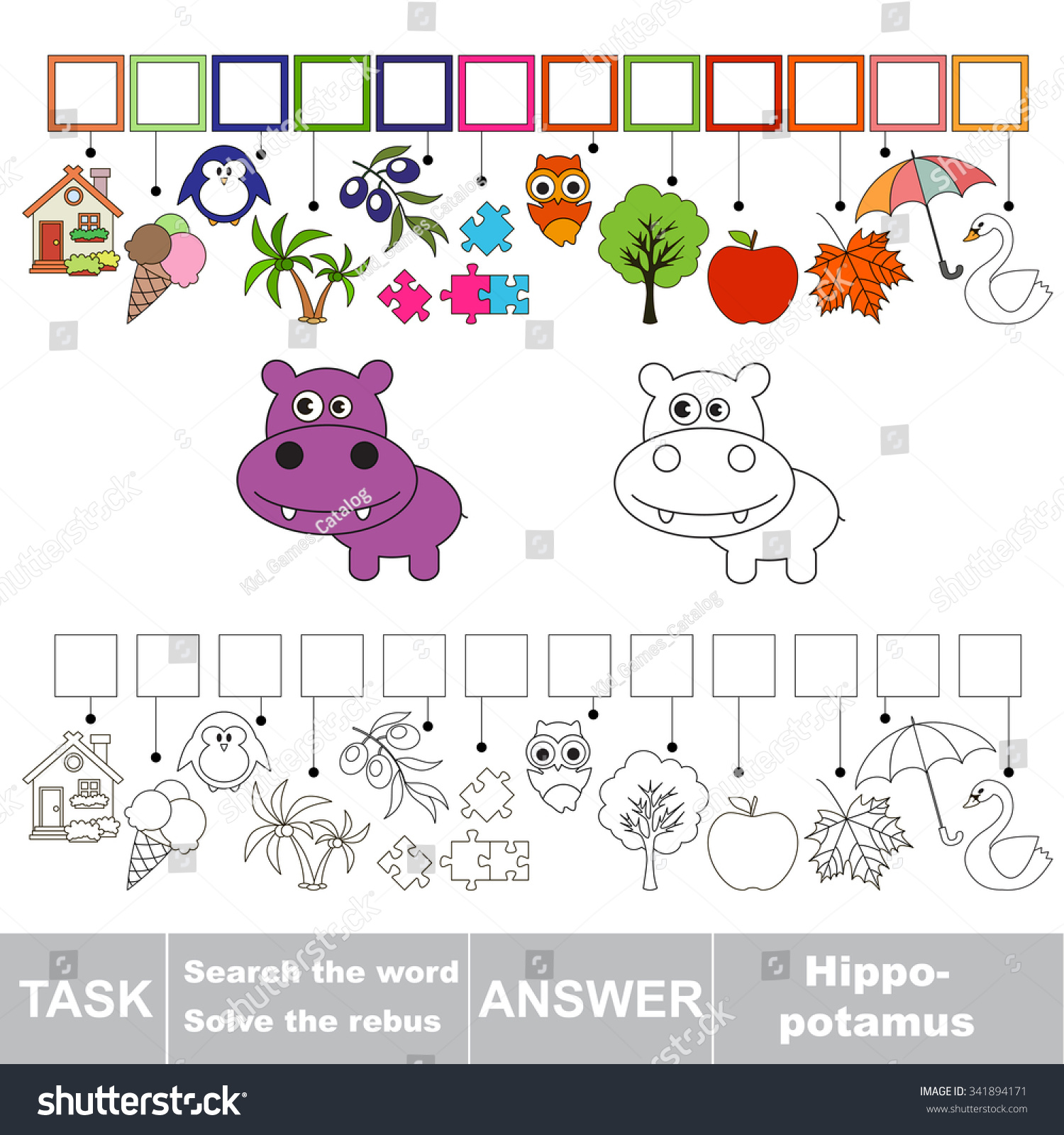 Vector Game. Find Hidden Word Hippo. Search The Word.  341894171