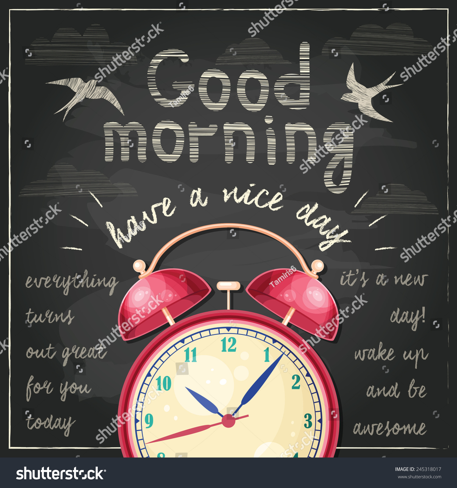 Vector Good Morning! Illustration With Red Alarm Clock And Handwritten