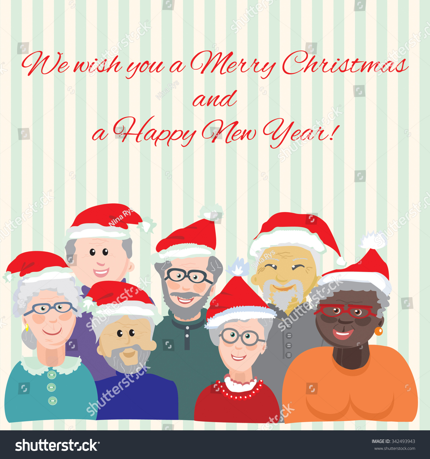 Vector Greeting Card With A Picture Of Cheerful Elderly People In Christmas Hats On A Strip Blue