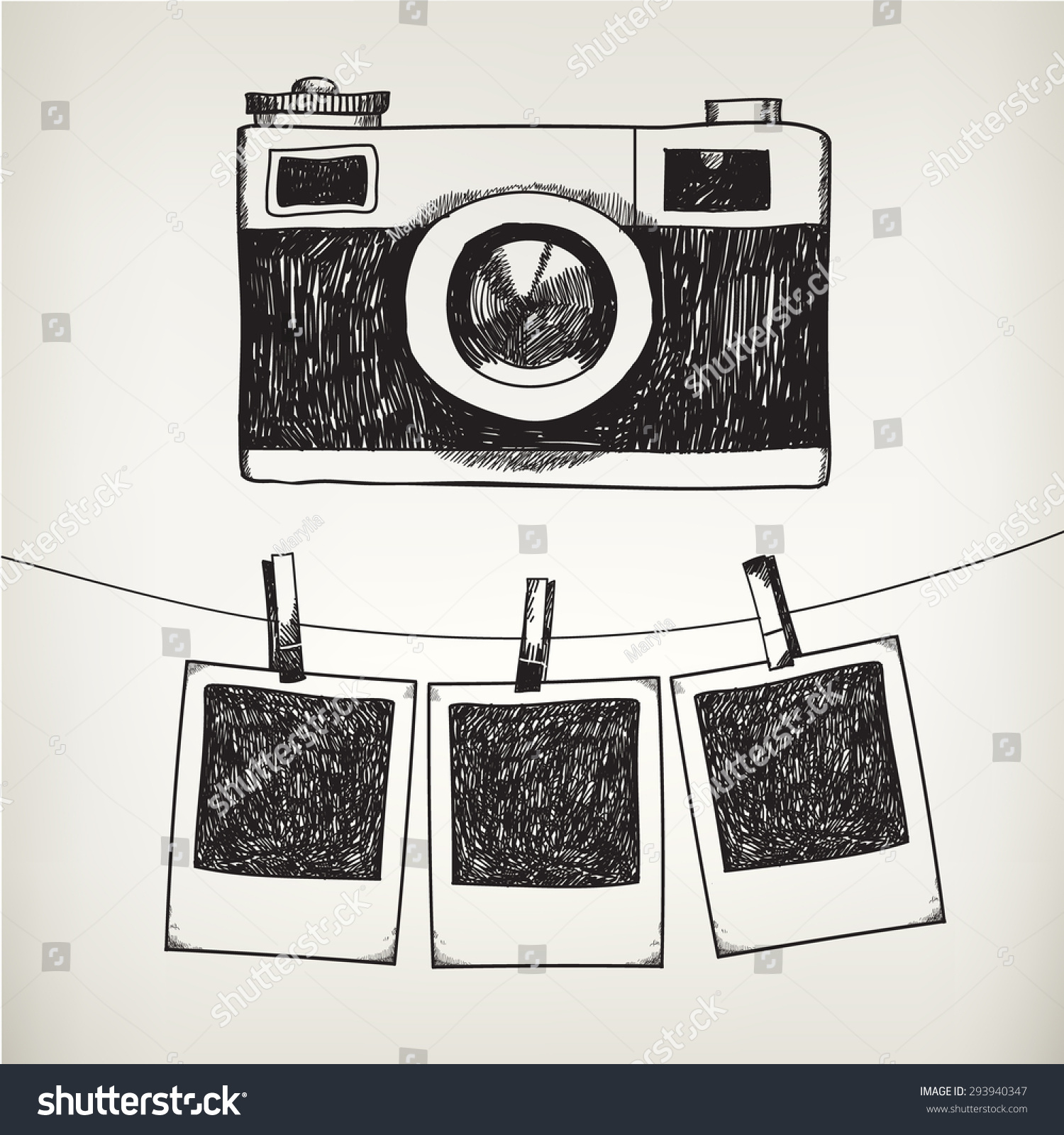 Vector hand drawn doodle illustration of retro photo frames and camera Hanging photos in a photo studio Vector hand drawn doodle illustration of retro photo frames and camera Hanging photos in a photo studio