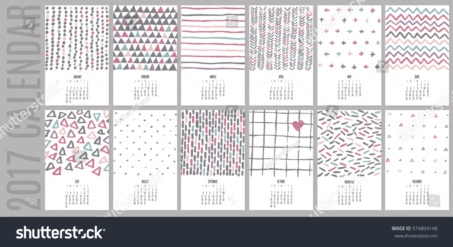 Vector hand drawn sketch colorful pastel calendar 2017 Geometric pattern Vector hand drawn sketch colorful pastel calendar 2017 Geometric pattern