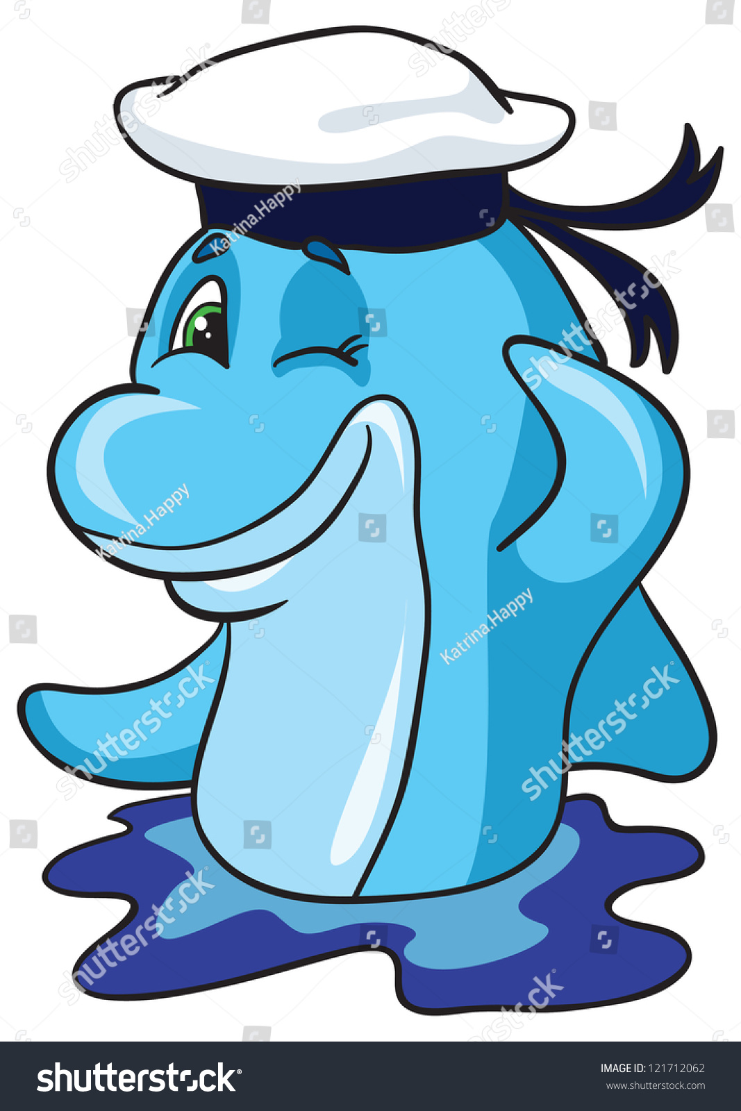 Vector Illustration Cartoon Funny Dolphin Sailor In Peak Less Cap Salutes On White Background