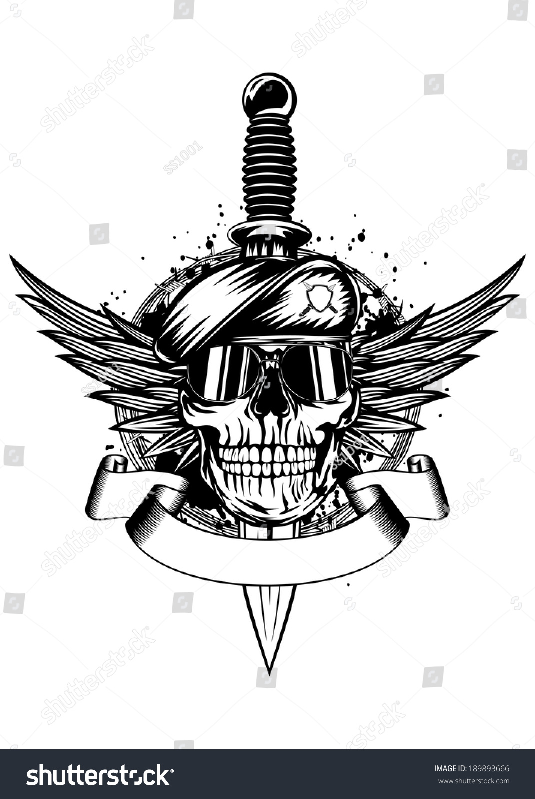 Vector Illustration Dagger Wings Barbed Wire And Skull In Beret