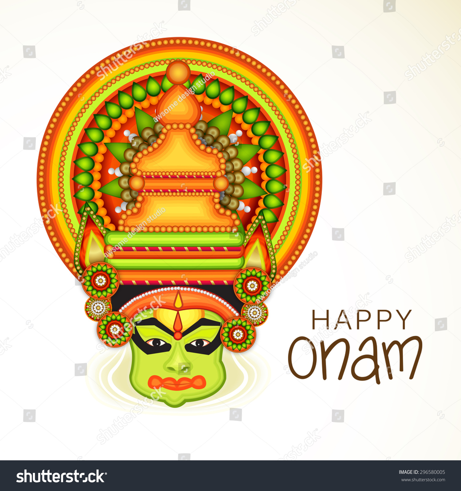 Vector Illustration Of A Colourful Kathakali Face With Heavy Crown Decorated With Pearls And 5722