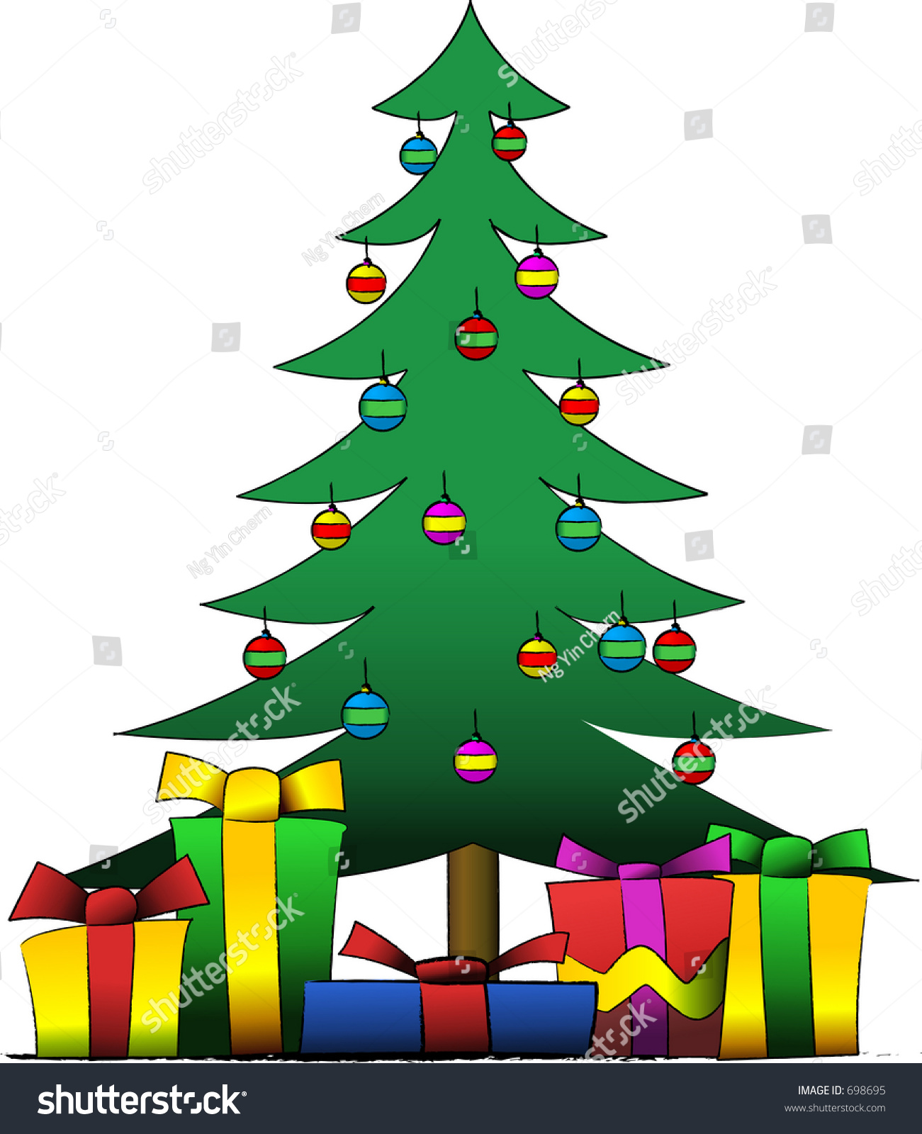Vector Illustration Of A Decorated Christmas Tree With Presents Under