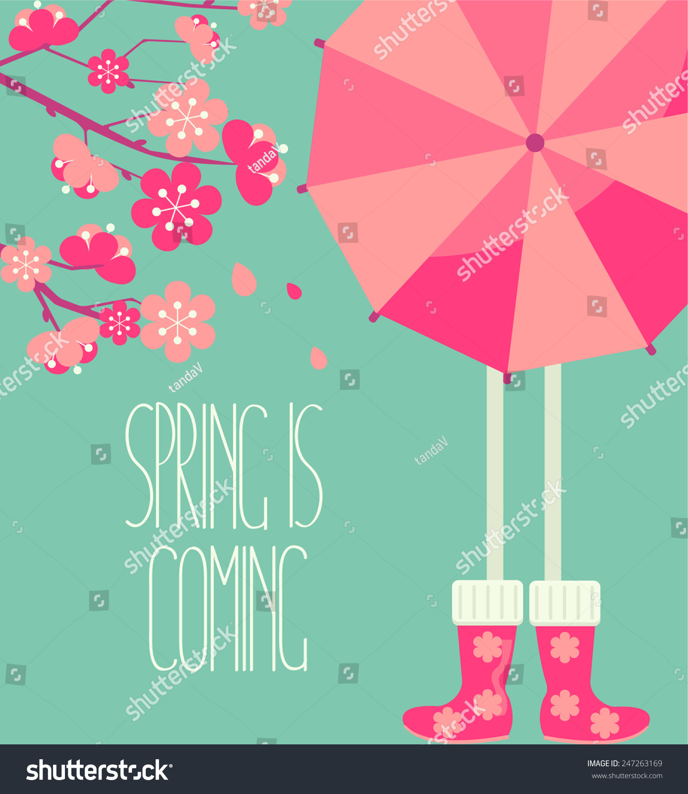 Vector illustration of a spring season in flat style cherry blossoms and people with a bright umbrella and boots with the inscription made by hand the Spring is coming Vector illustration of a spring season in flat style cherry blossoms and people with a bright umbrella and boots with the inscription made by hand the Spring is coming