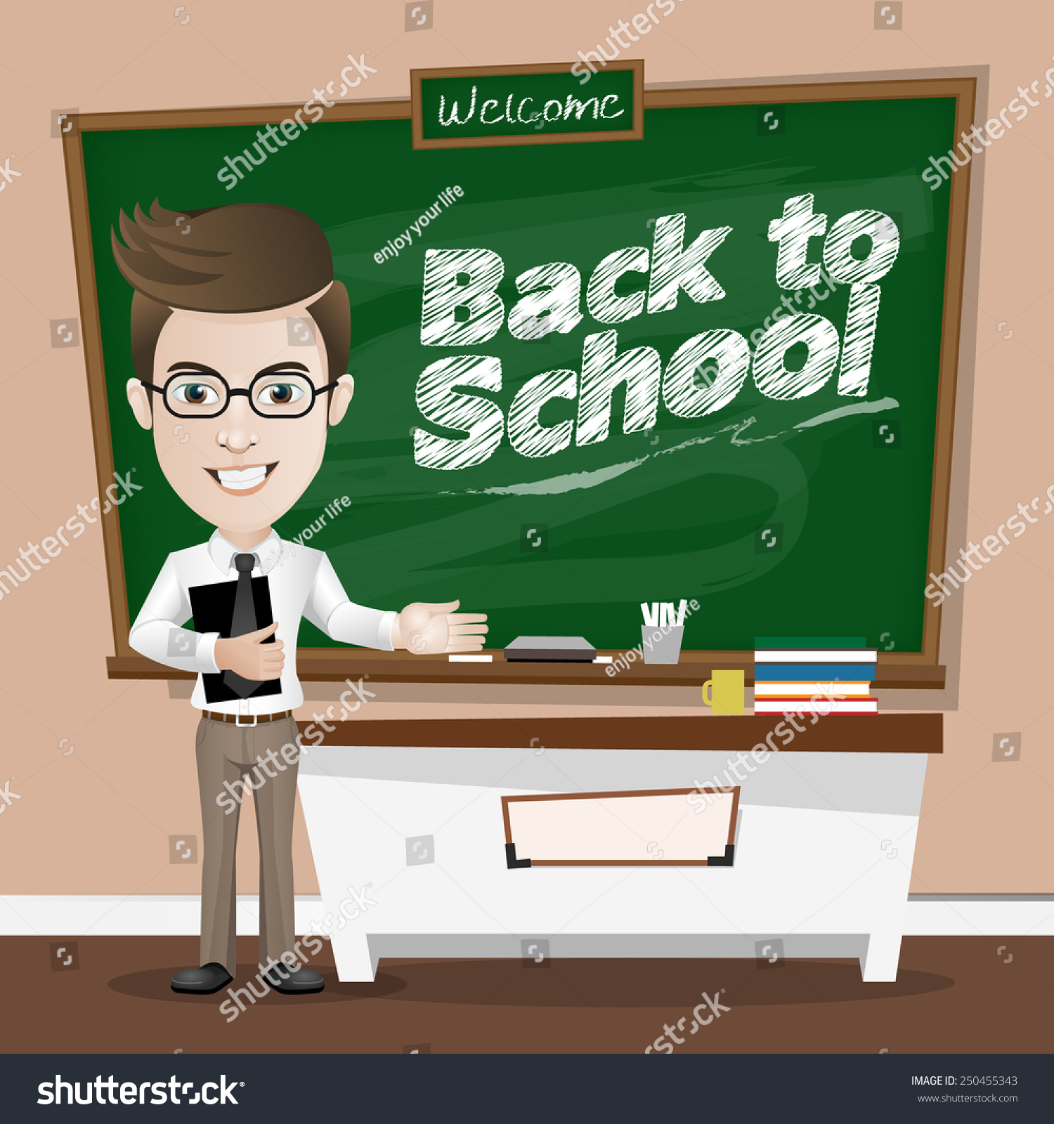 Vector Illustration Of A Teacher And Classic Chalkboard In Classroom 