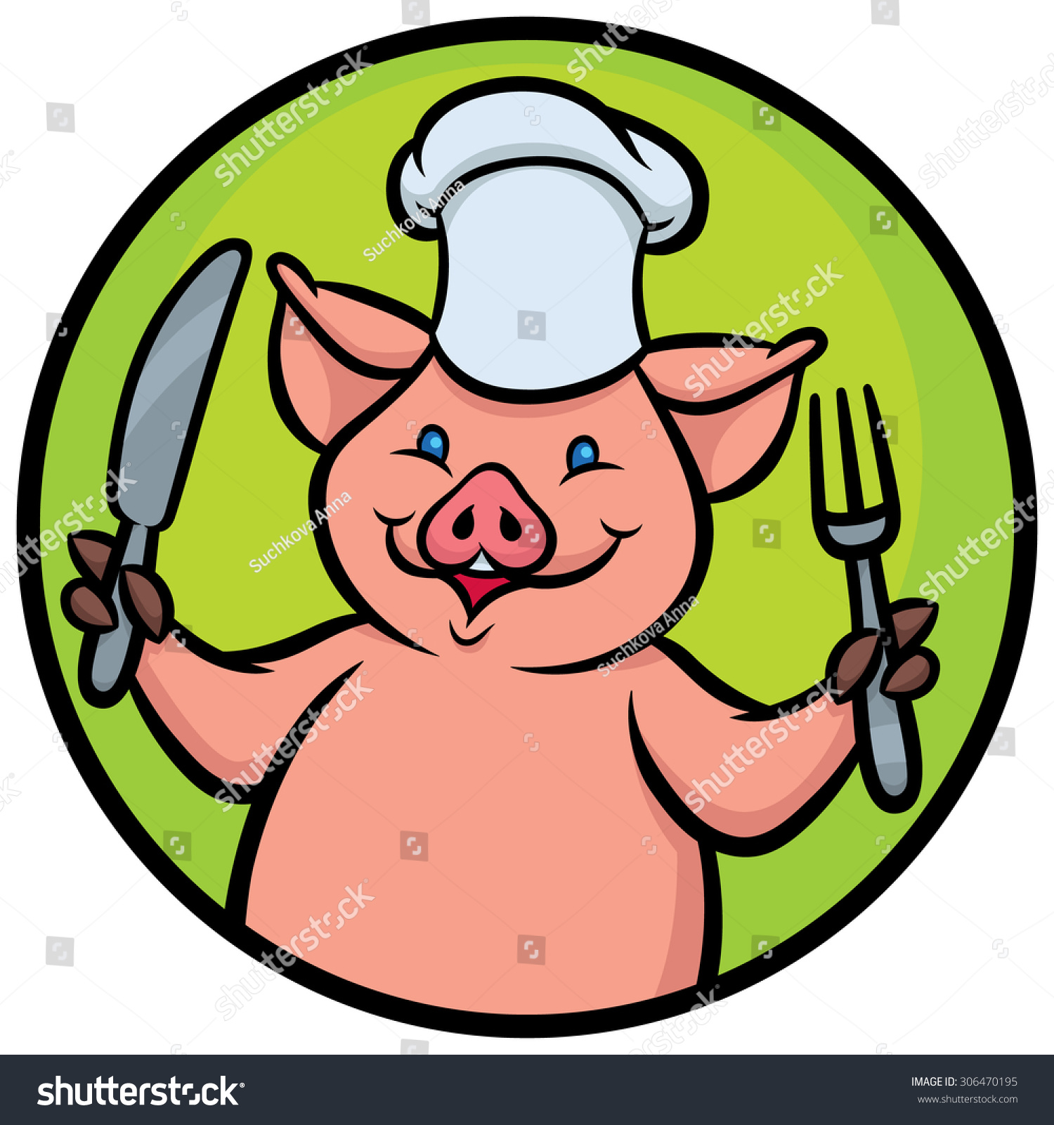 Vector Illustration Of Cartoon Chef Pig With Fork And Knife