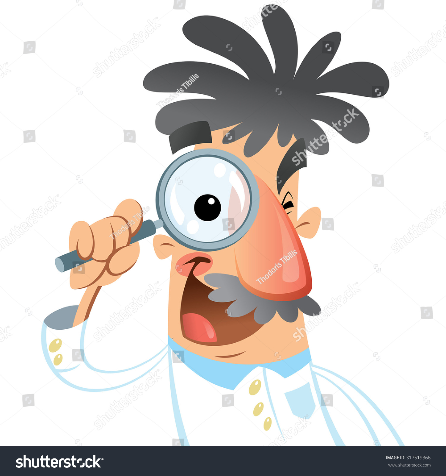 Vector illustration of cartoon doctor isolated in white background Scientist looking through lens with big eye during research Vector illustration of cartoon doctor isolated in white background Scientist looking through lens with big eye during research