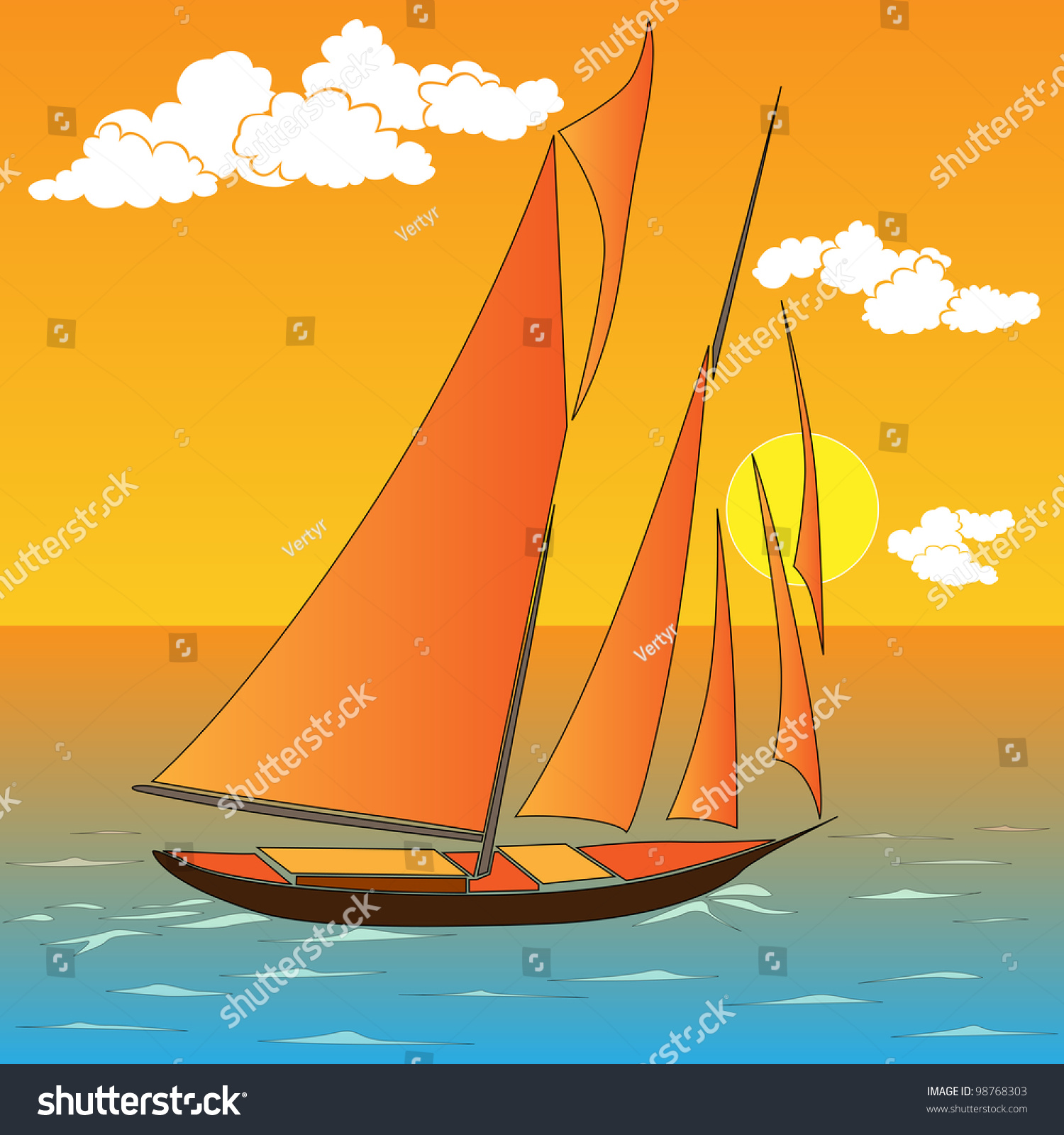 Vector Illustration Of Cartoon Sailing Yacht In Sunset. - 98768303 