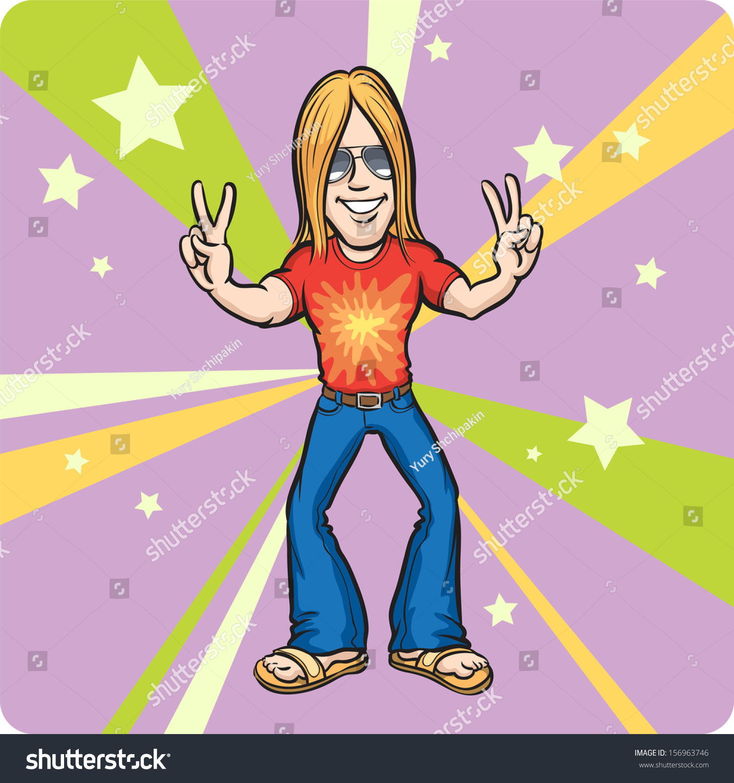 Vector Illustration Of Cartoon Standing Cheerful Hippie. Easy-Edit