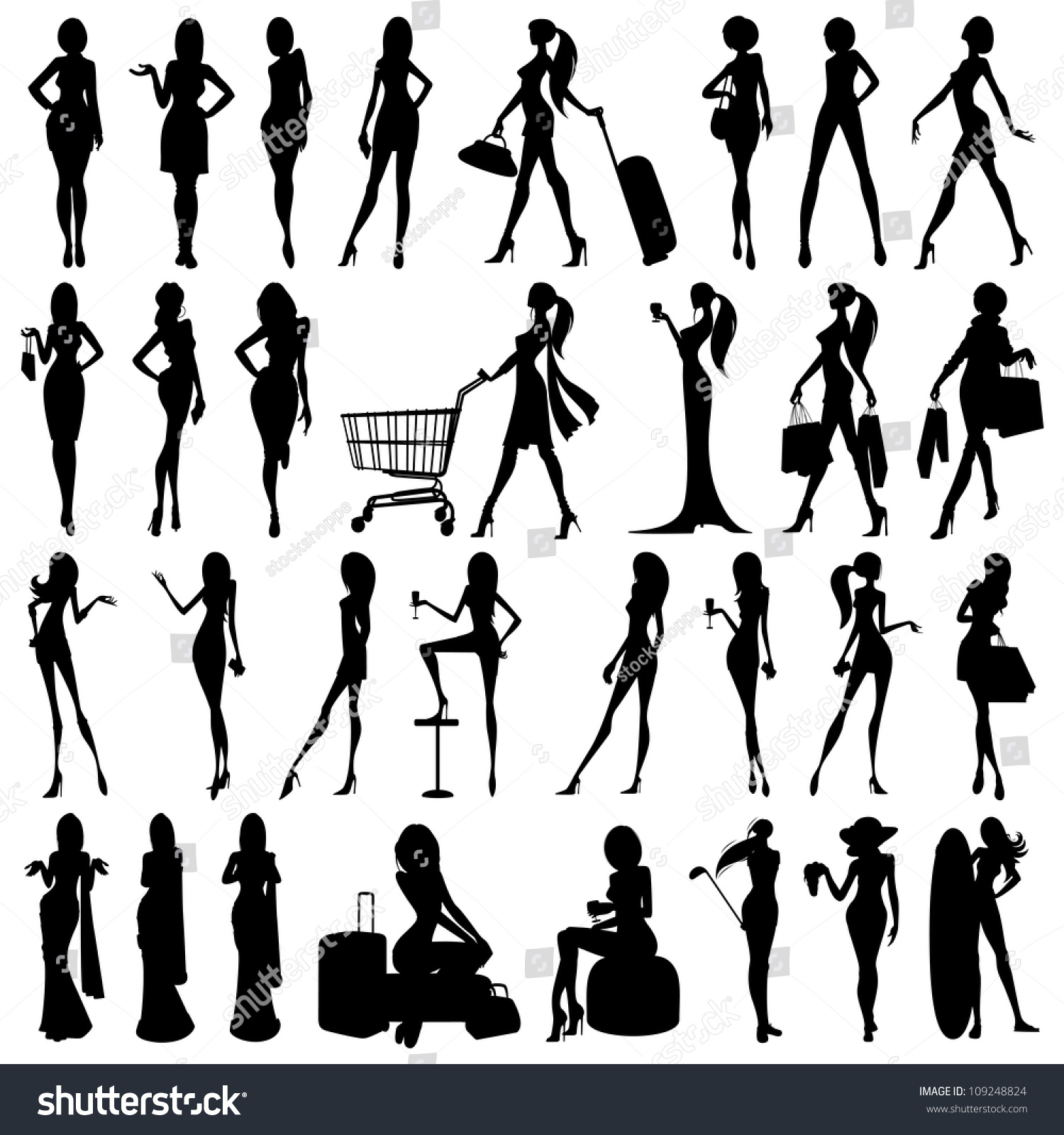 Vector Illustration Of Collection Of Silhouette Of Woman - 109248824