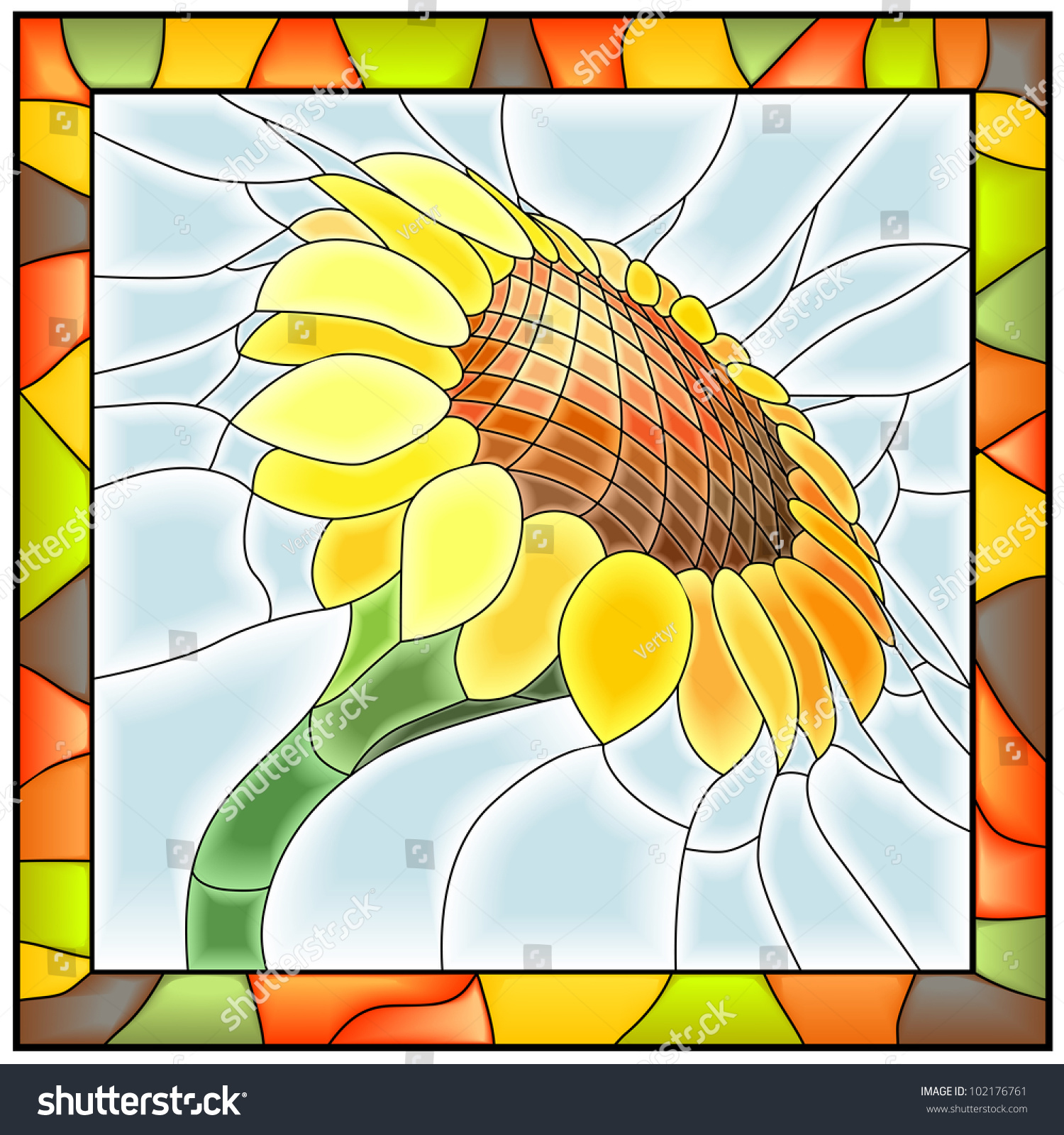 Vector Illustration Of Flower Sunflower In Stained Glass Window With Frame 102176761