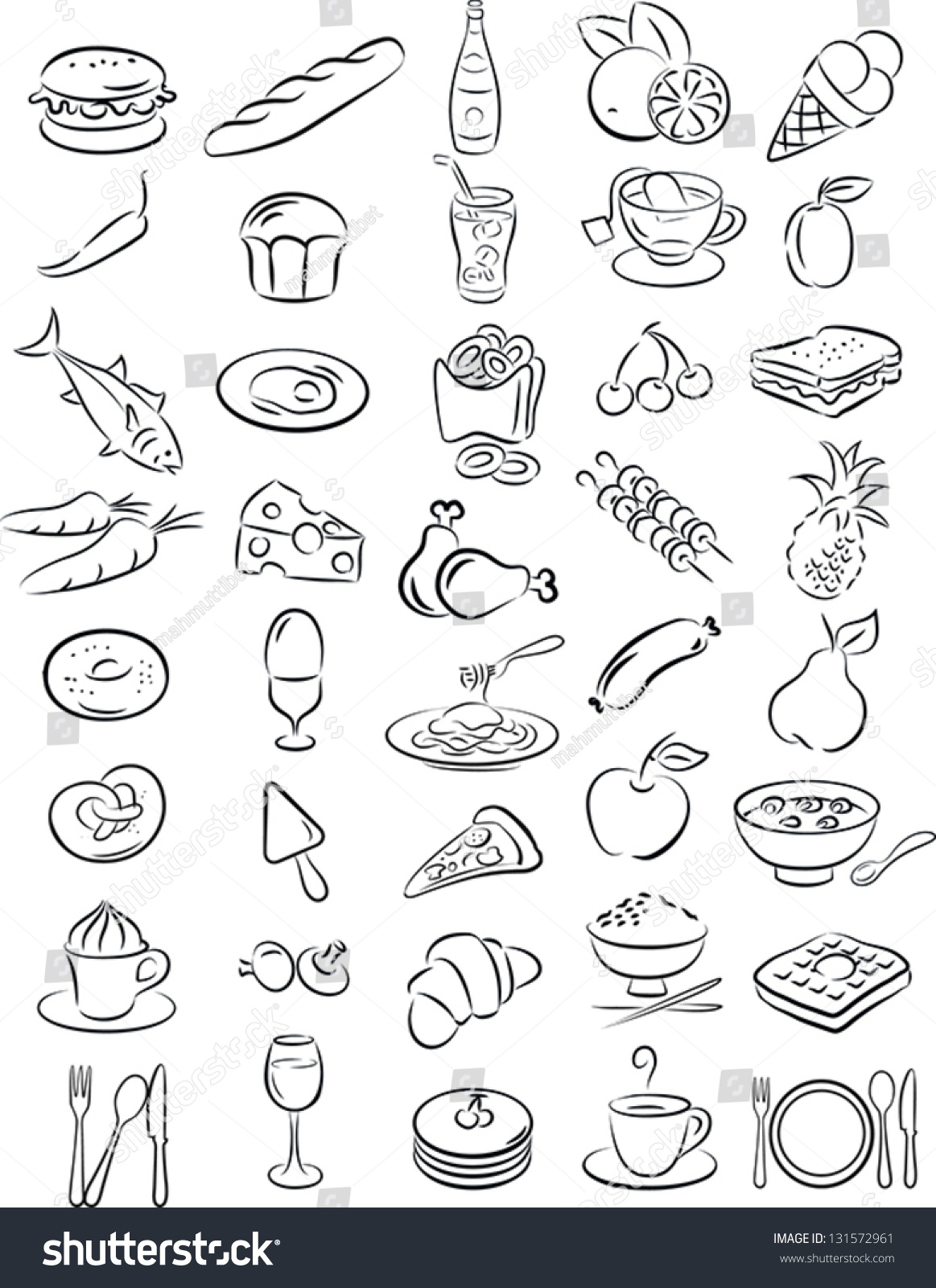 Vector Illustration Of Food Collection In Black And White - 131572961