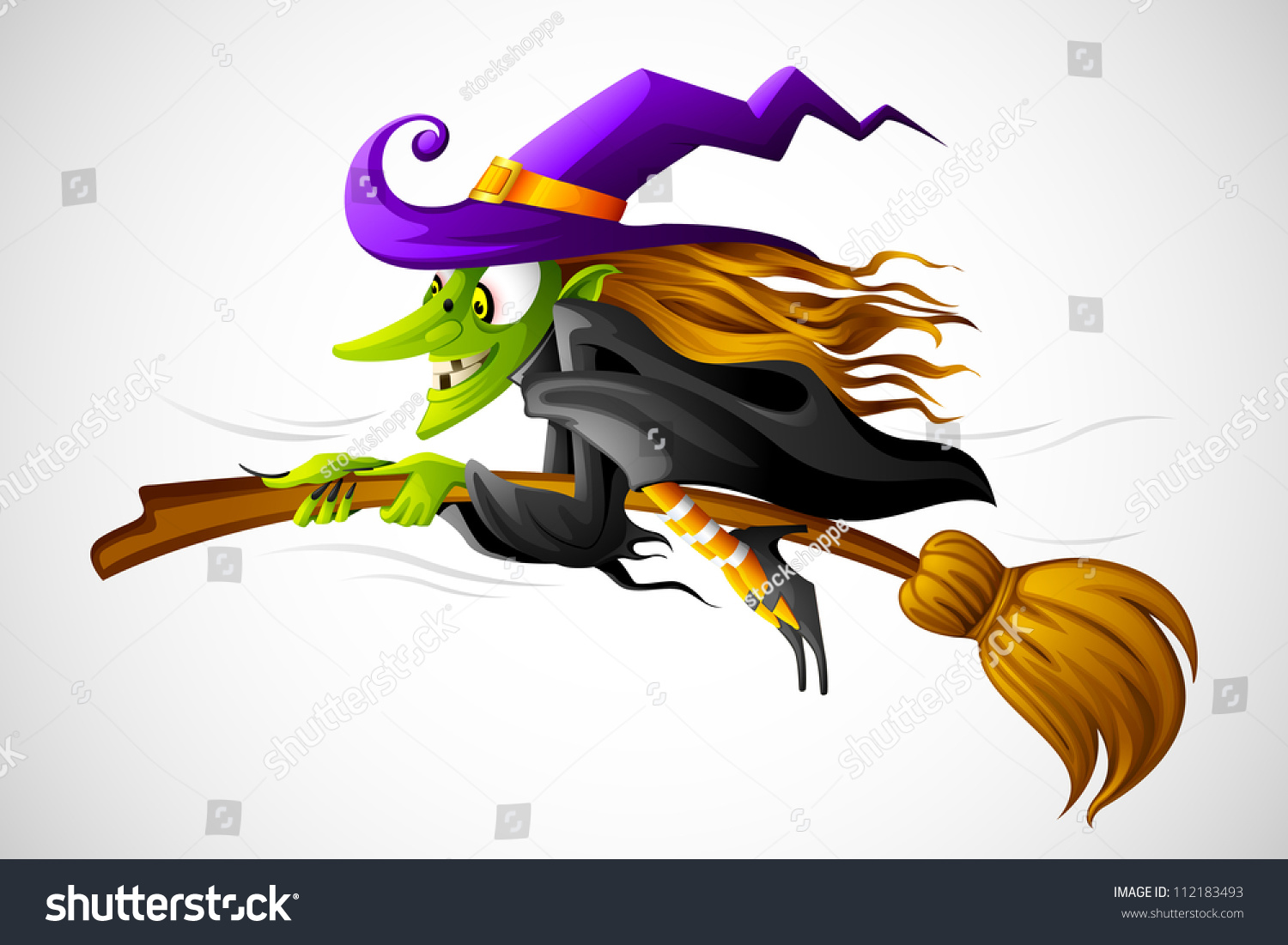 Vector Illustration Of Halloween Witch Flying On Broom - 112183493 