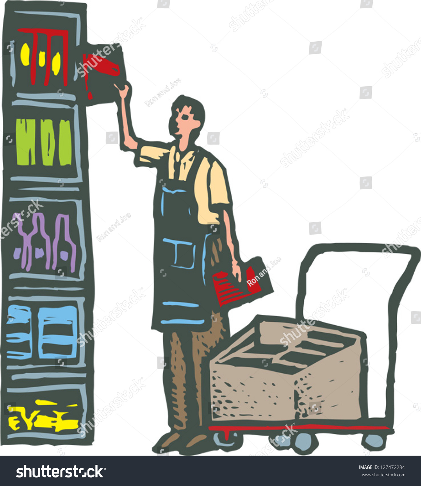 Vector Illustration Of Man Stocking Grocery Shelves With Groceries ...