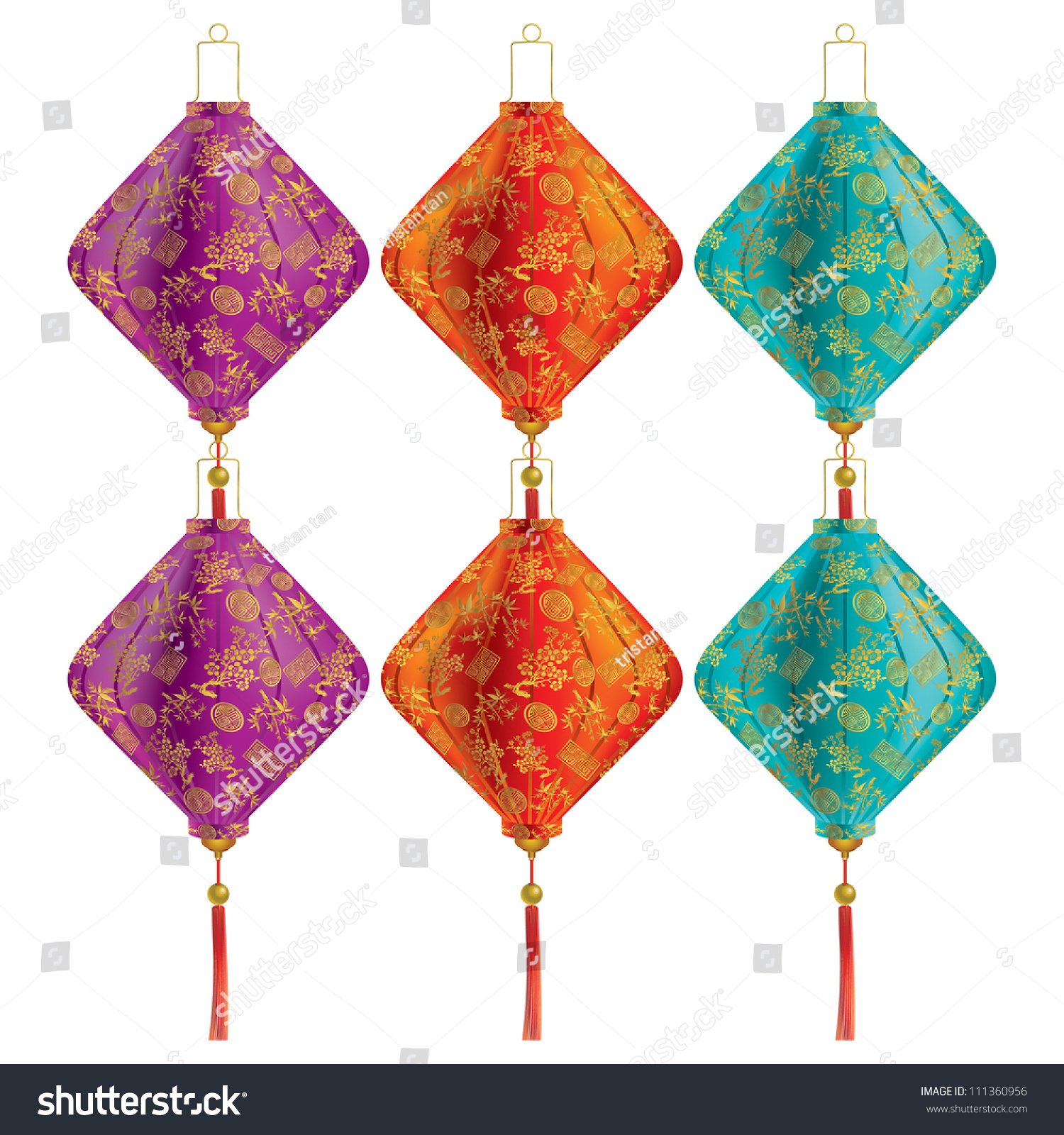 Vector Illustration Of Traditional Chinese Lanterns With Chinese