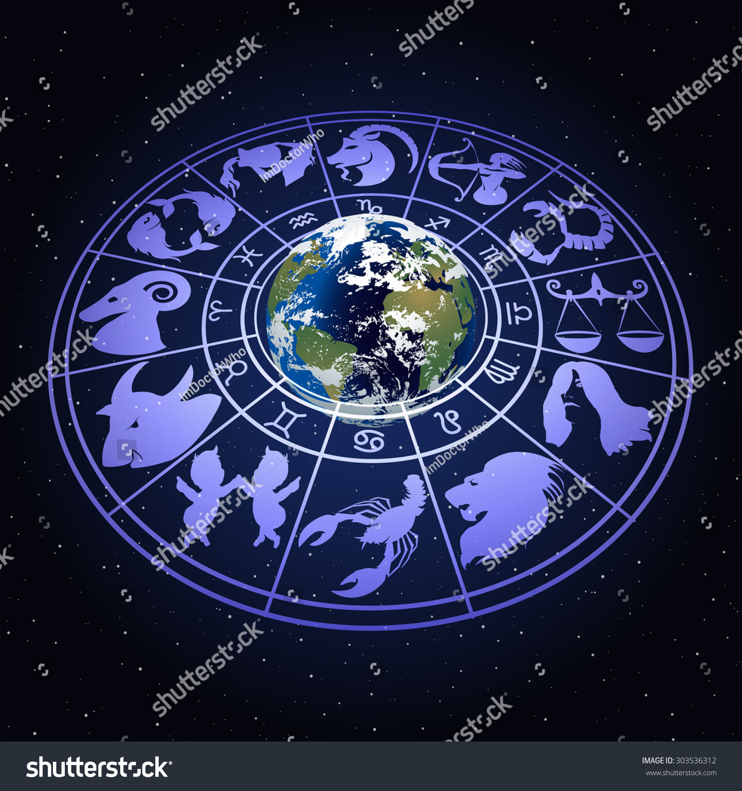 Vector Illustration Of Zodiac Signs Around The Planet Earth With A