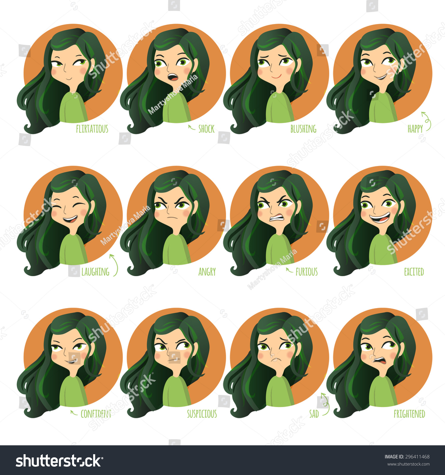 Vector Illustration Set Of Facial Expressions Of Cute Girl Flirtatious Shock Blushing 1198