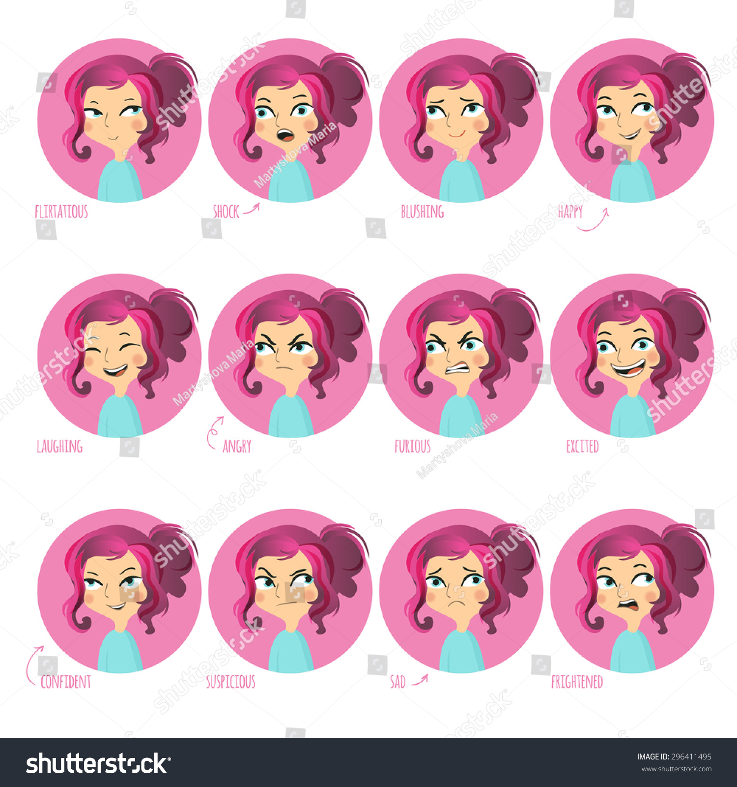 Vector Illustration Set Of Facial Expressions Of Cute Girl Flirtatious Shock Blushing 4305