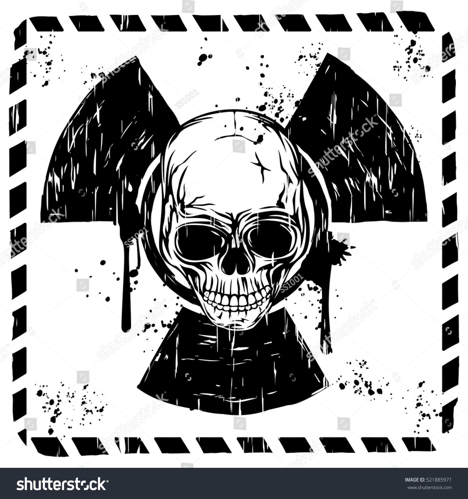 Vector Illustration Square Grunge Black And White Skull And Sign Radiation