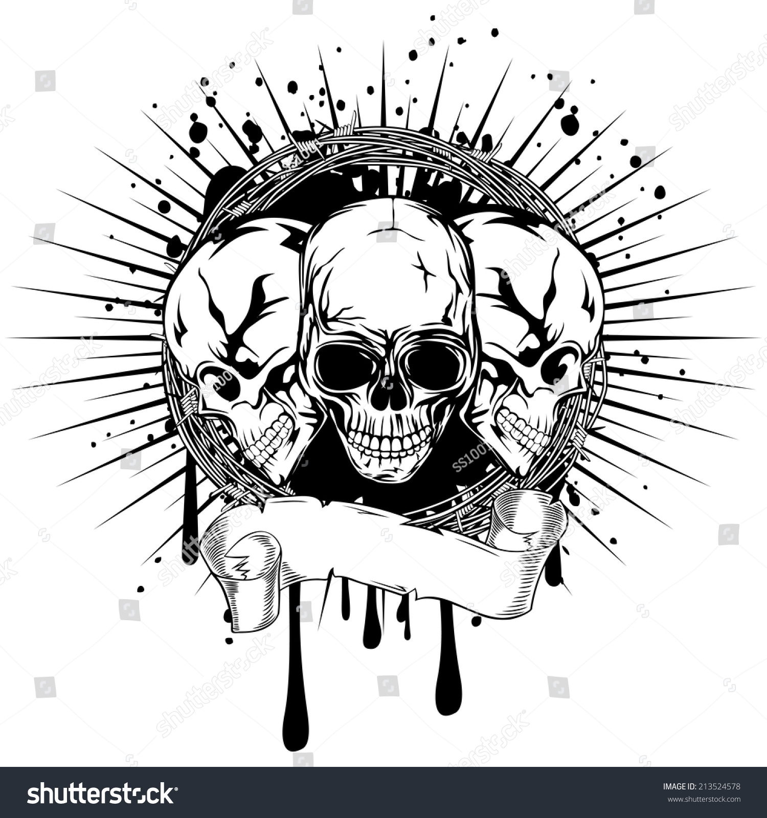 Vector Illustration Three Human Death Skulls With Barbwire 213524578