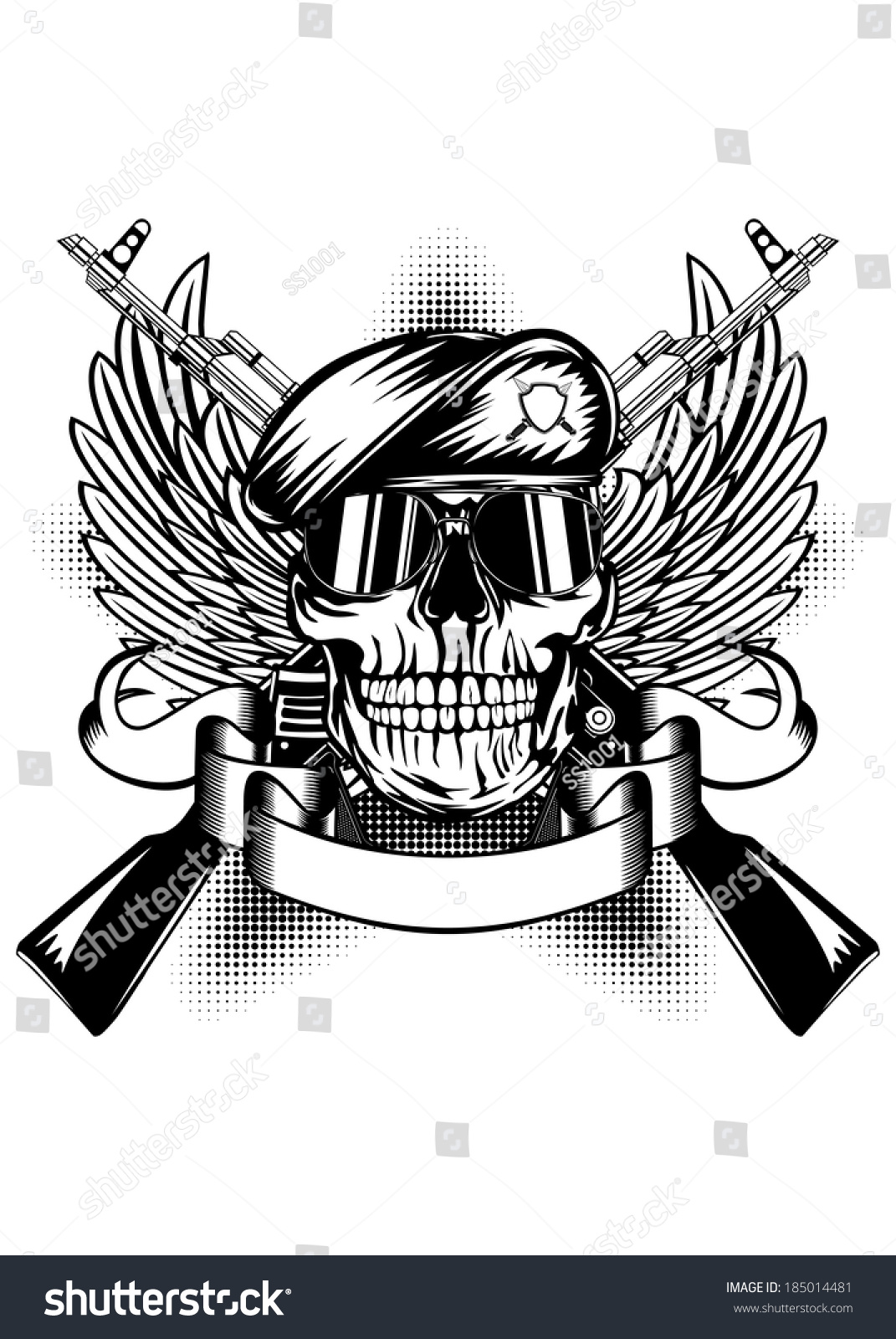 Vector Illustration Two Kalashnikov Guns, Wings And Skull In Beret 