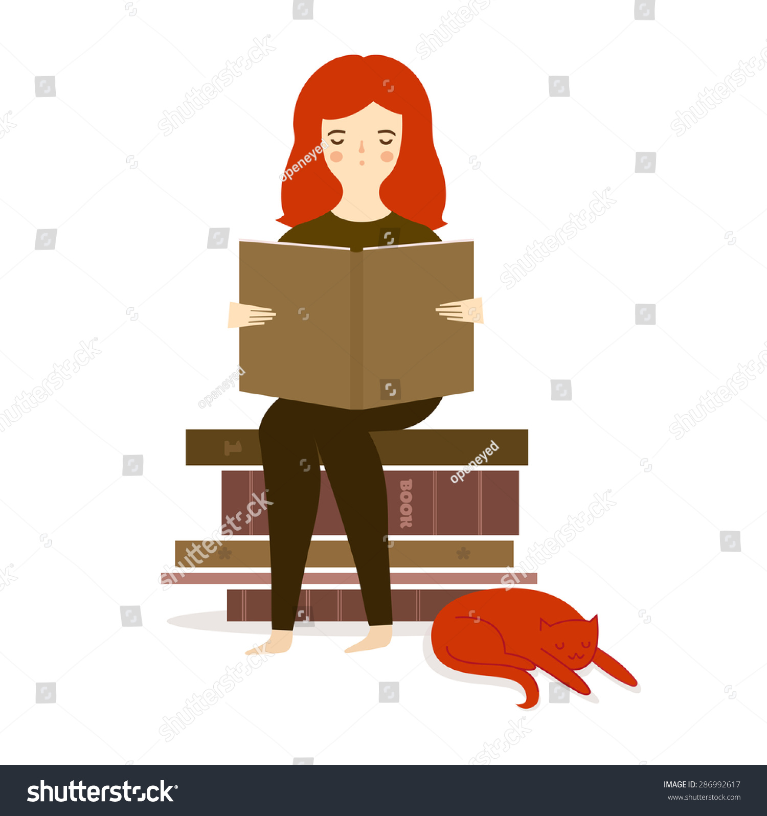 Vector illustration with cute girl reading book with cat Vector illustration with cute girl reading book with cat