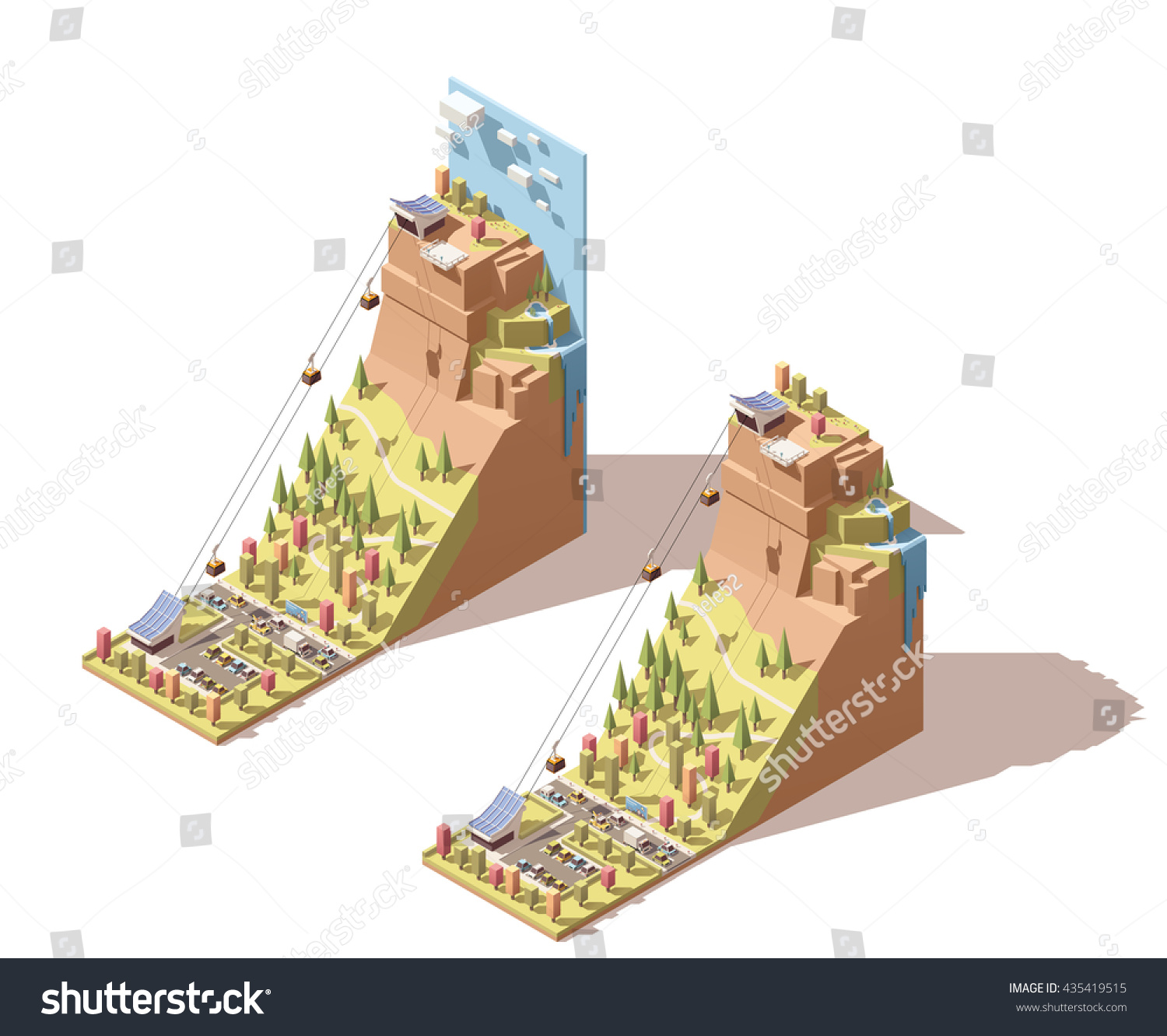 Vector Isometric infographic element or icon representing travel on cableway from the lower station to the viewing platform on mountain with waterfall Vector Isometric infographic element or icon representing travel on cableway from the lower station to the viewing platform on mountain with waterfall