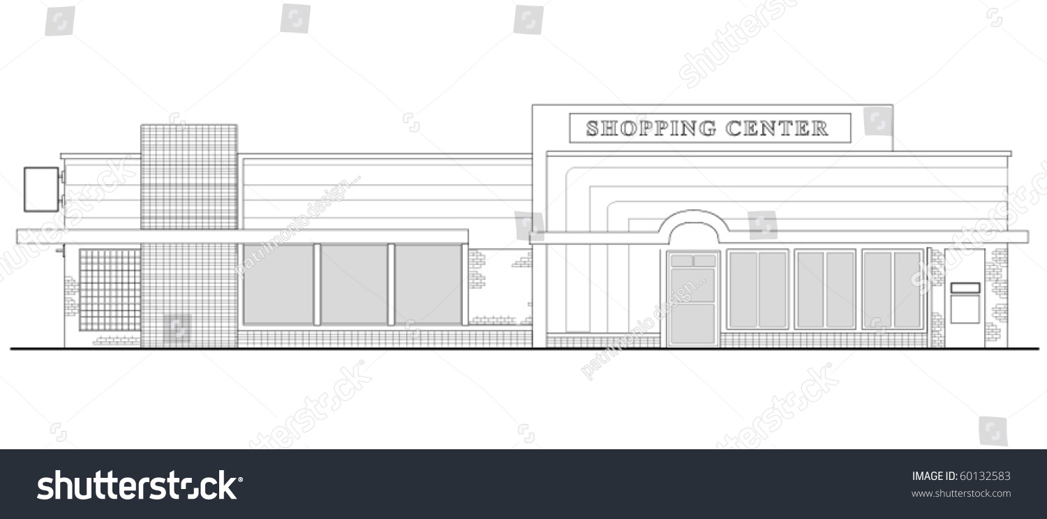 Vector Line Drawing Illustration Of A Strip Mall Or Shopping Center
