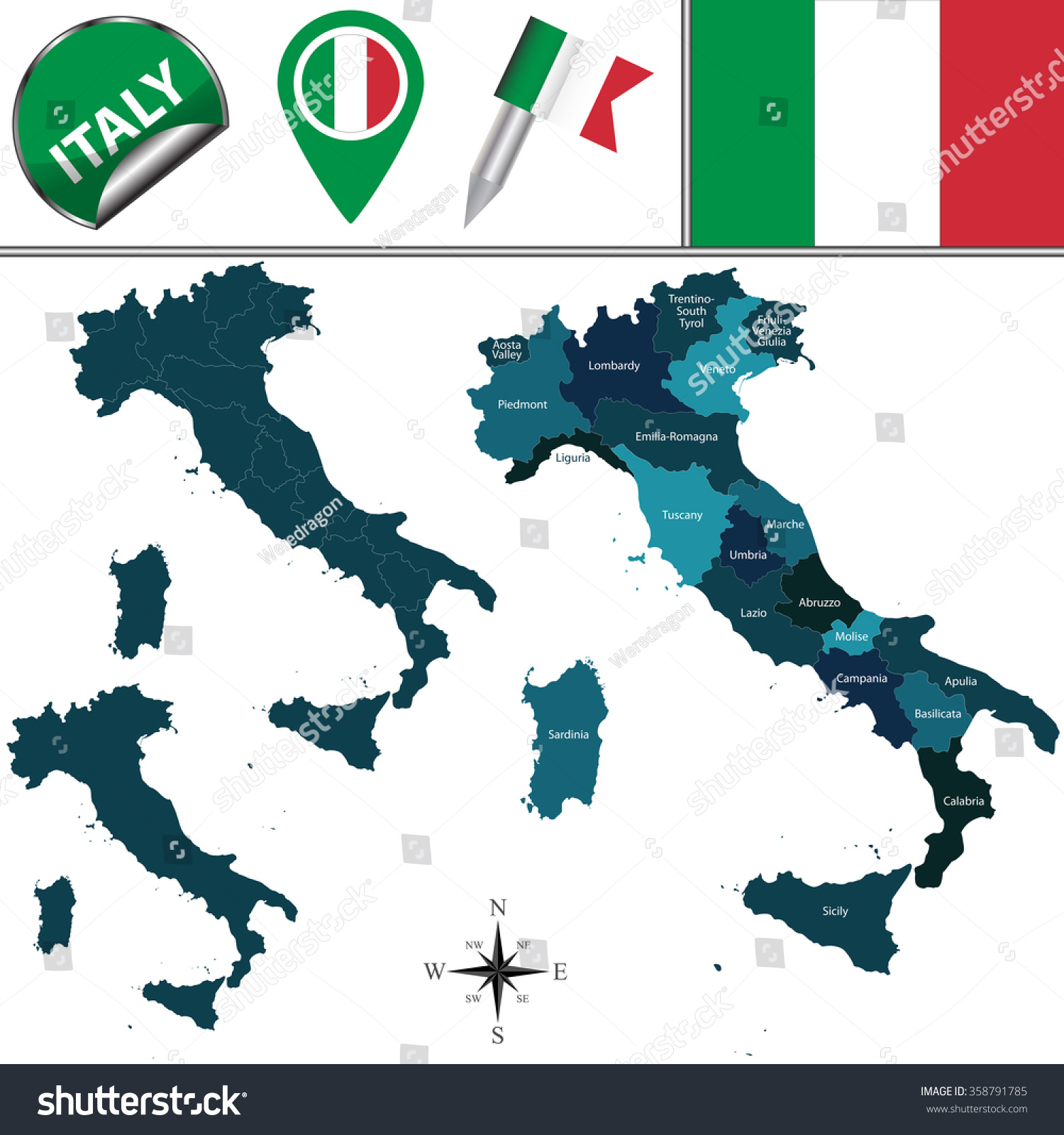 Vector Map Italy Named Regions Travel Stock Vector 358791785 - Shutterstock
