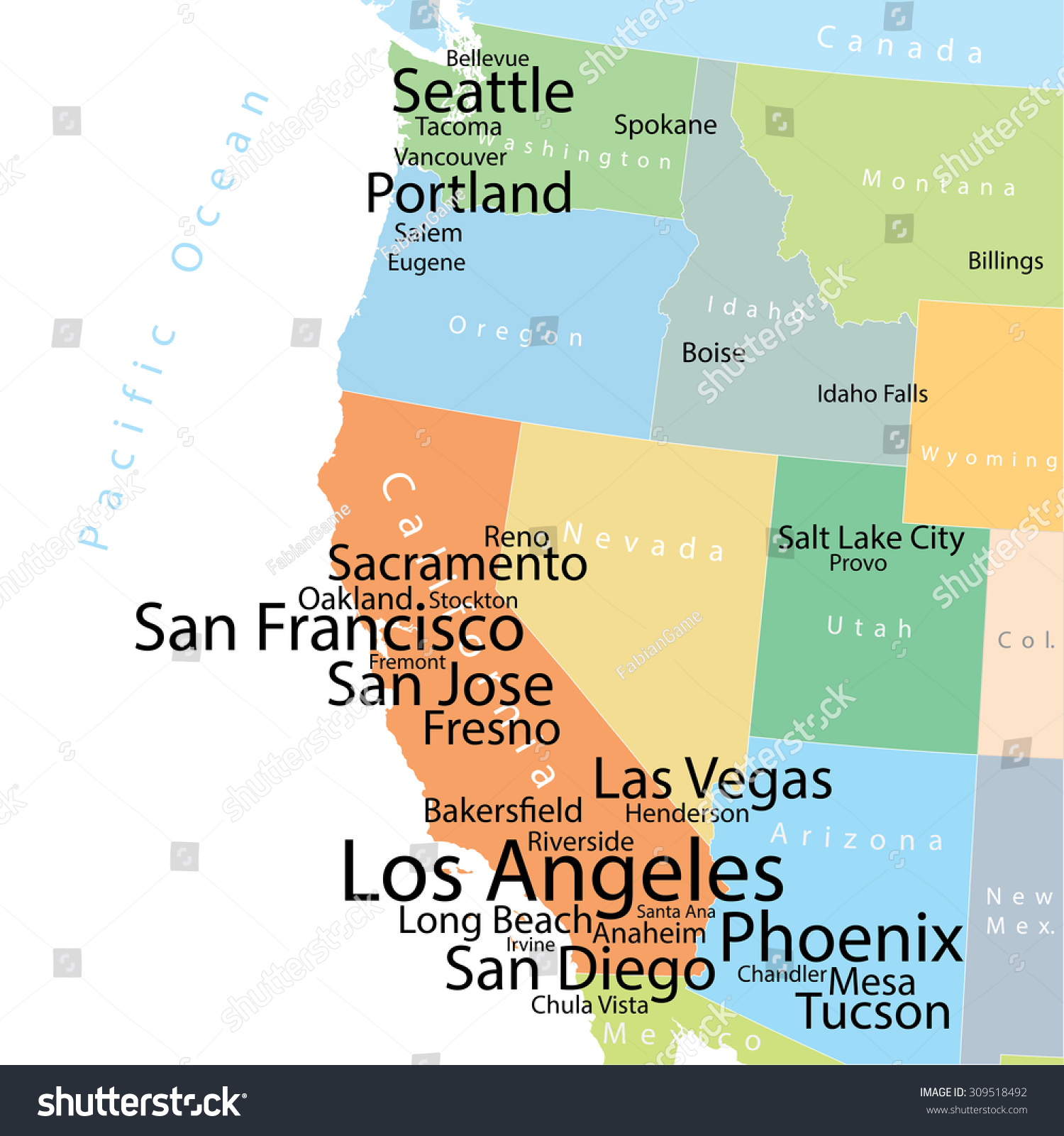 stock vector vector map of usa west coast with largest cities and metropolitan areas carefully scaled text by 309518492