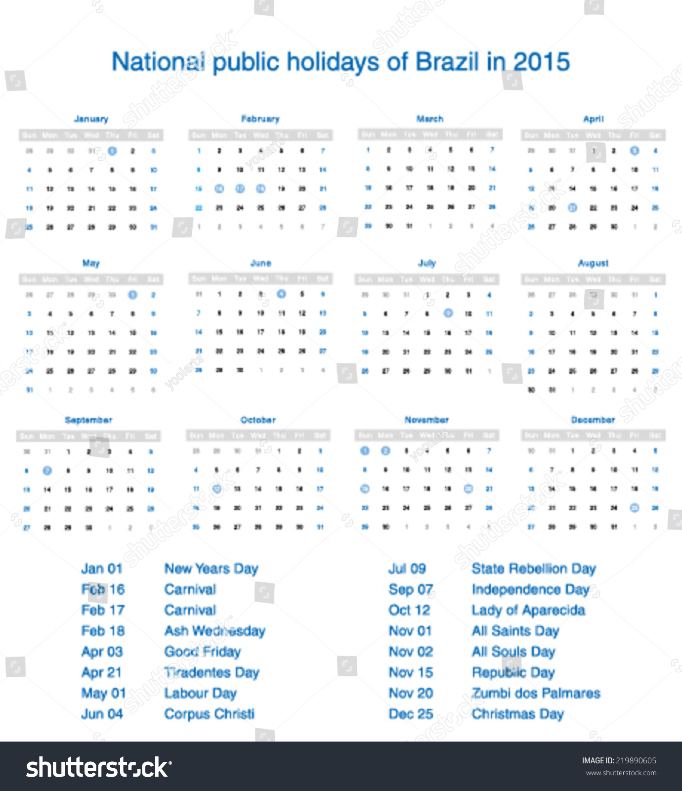 Vector National Public Holidays Of Brazil In 2015. Template Design