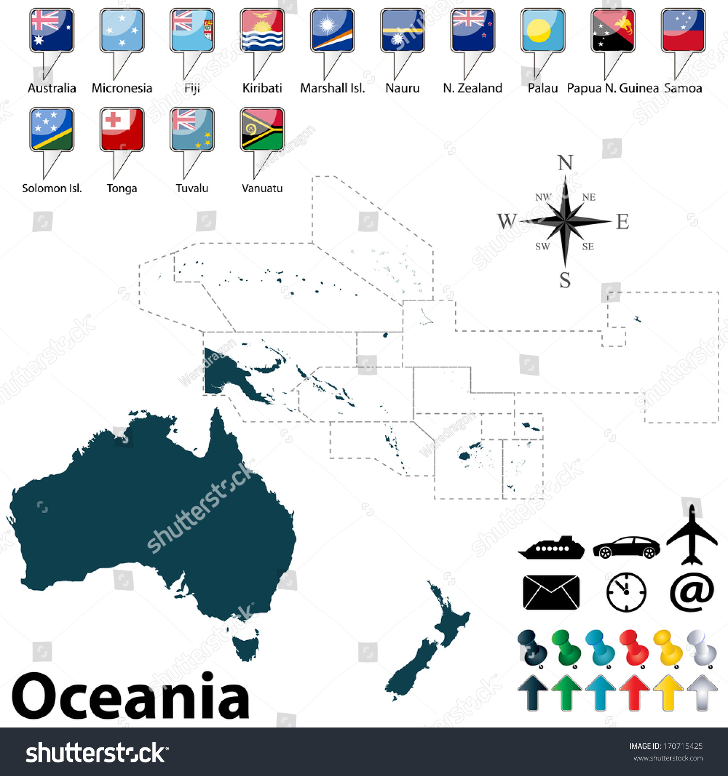 Vector Of Political Map Of Oceania Set With Buttons Flags On White ...