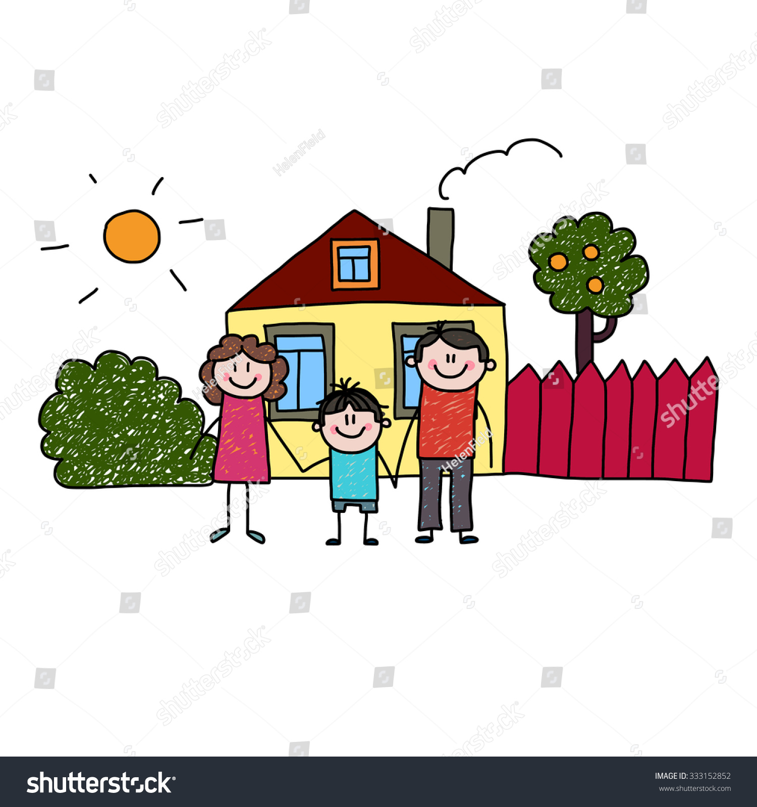 Vector Picture. Healthy And Strong United Family. Hand Drawn Picture 