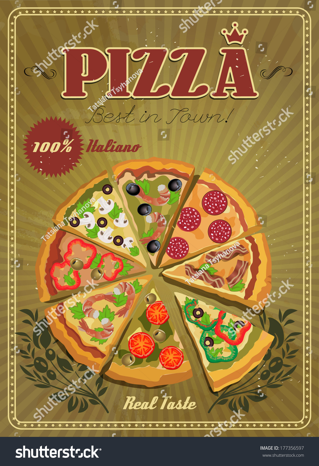 Vector Poster With Pizza And A Slice Of Pizza Italian Food Vintage