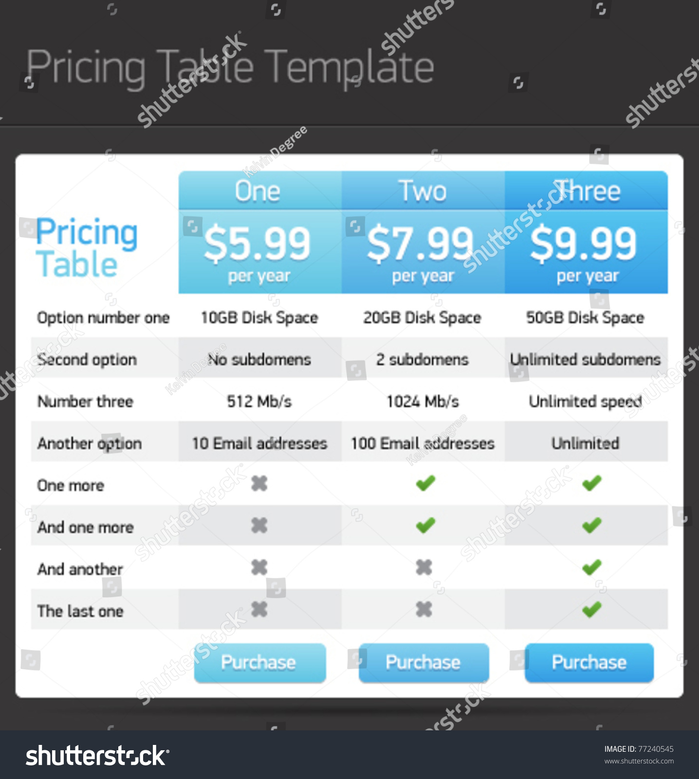 Vector Pricing Table Template 77240545 : Shutterstock