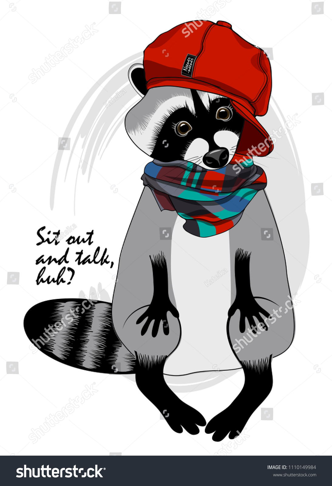 Vector Raccoon Red Cap Scarf Hand Stock Vector Royalty Free 1110149984