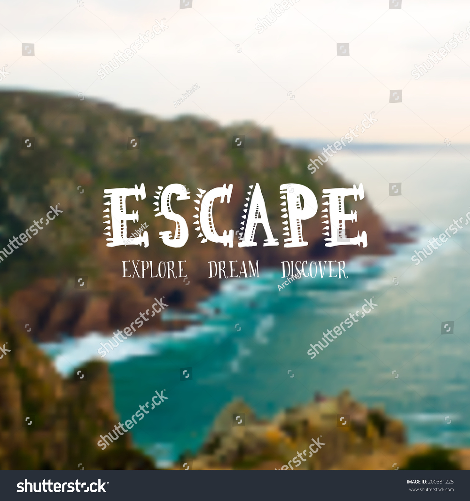 Vector Retro Typography. Travel Label In Blurred Cliff Landscape 