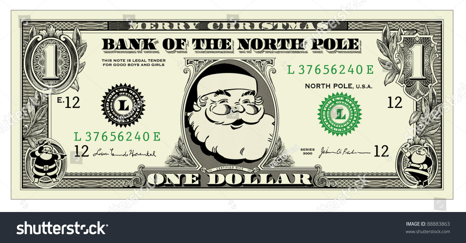Vector Santa One Dollar Bill. All Pieces Are Separate And Easy To Edit