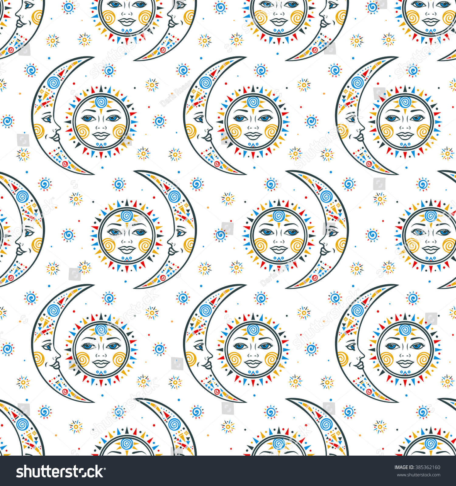 Vector Seamless Celestial Pattern Moons Suns Stock Vector 385362160