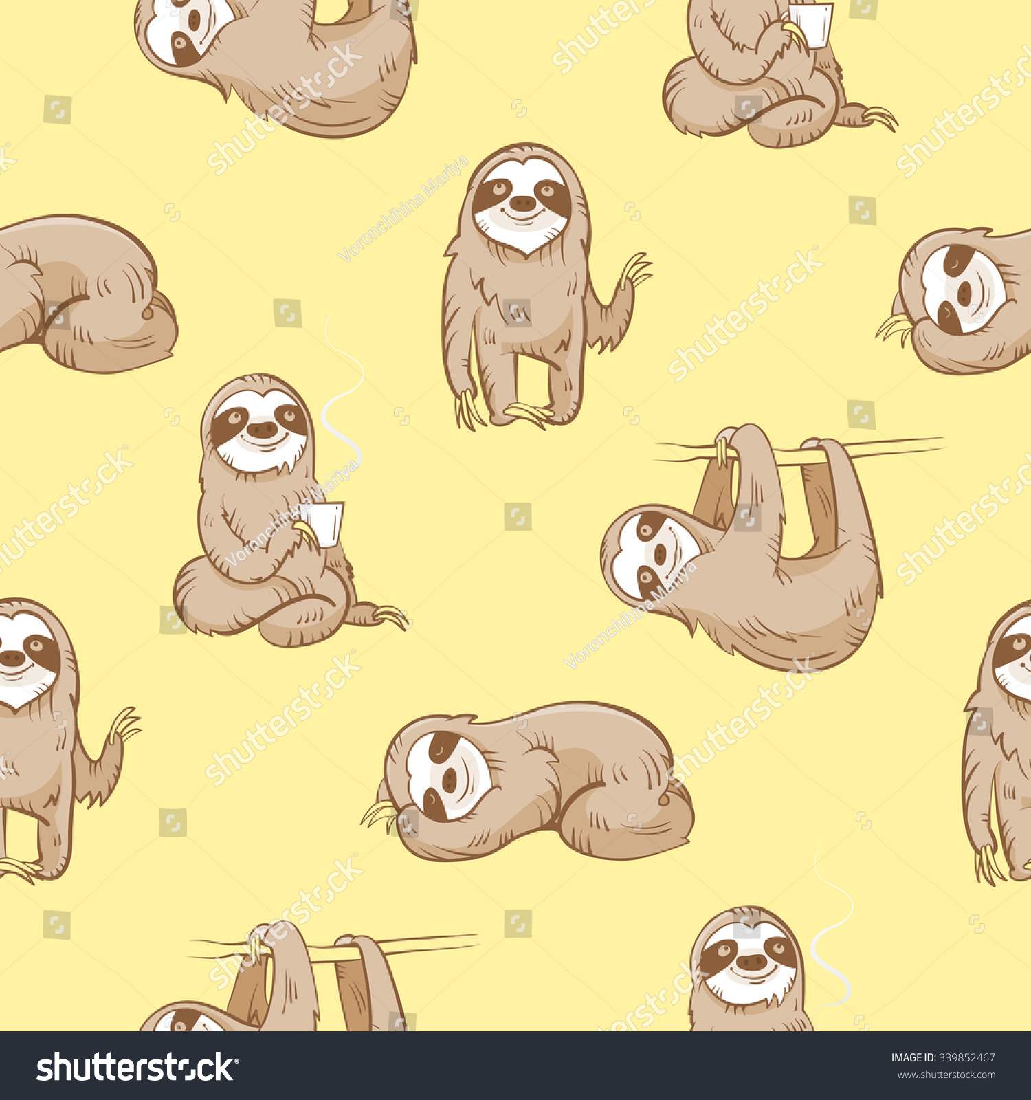 stock vector vector seamless pattern with cute cartoon sloth on yellow background 339852467